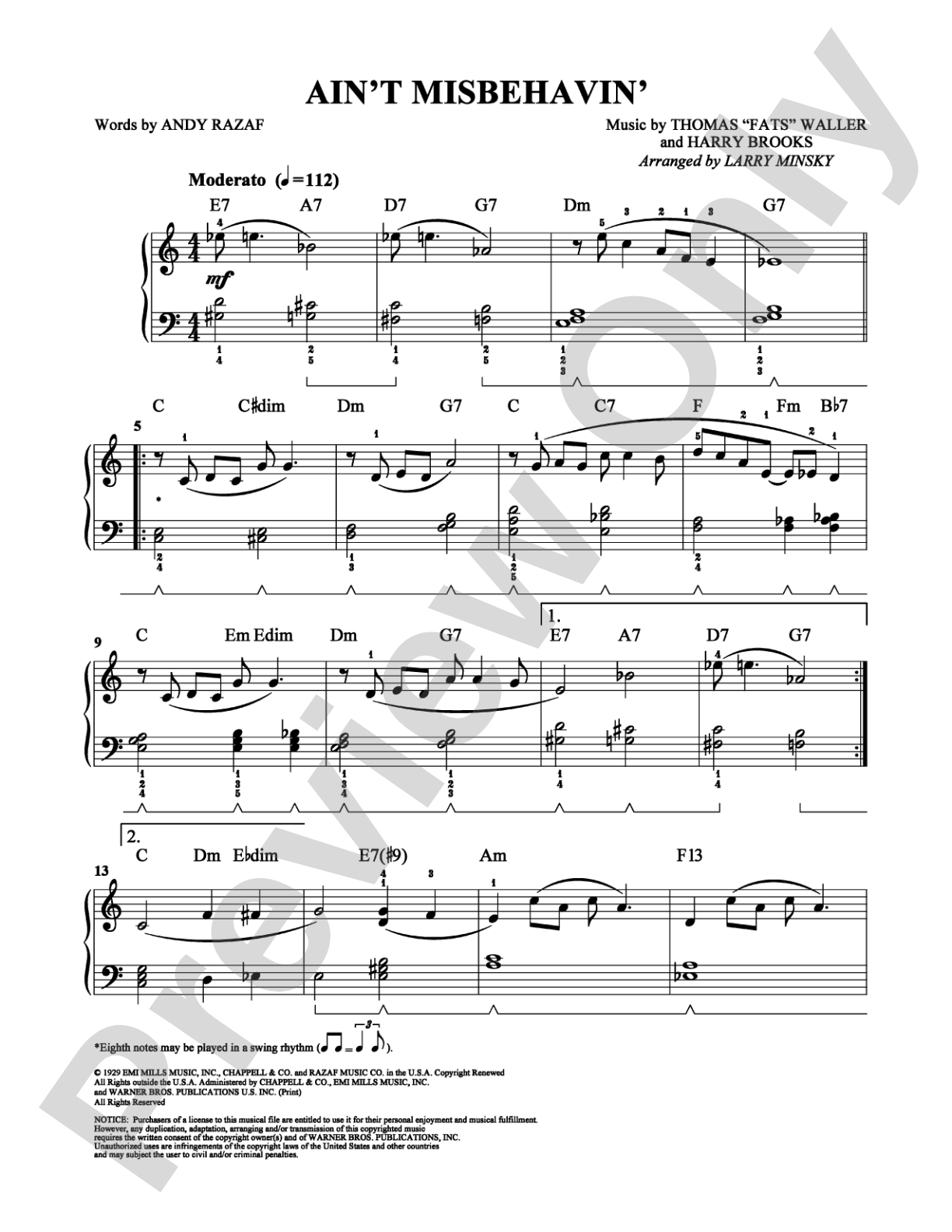 Ain't Misbehavin': Easy Piano Digital Sheet Music