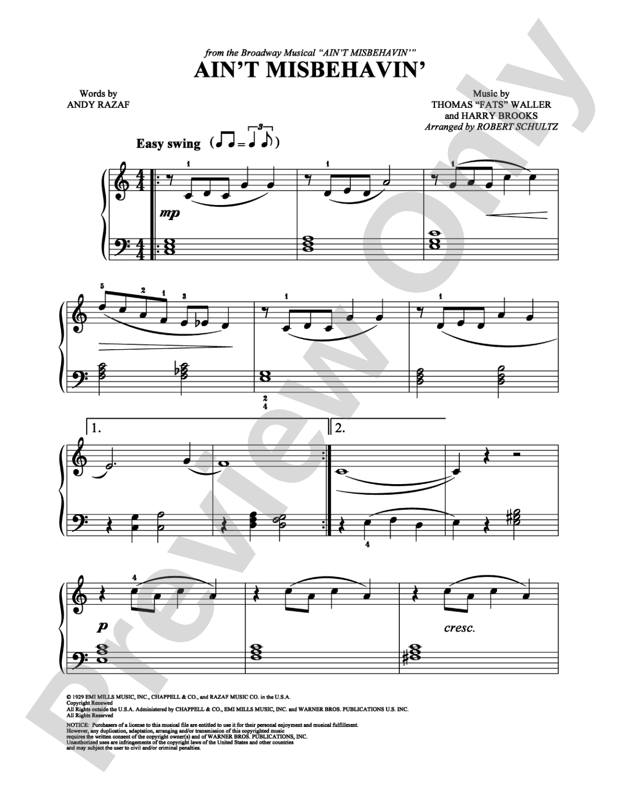 Ain't Misbehavin': Easy Piano Digital Sheet Music