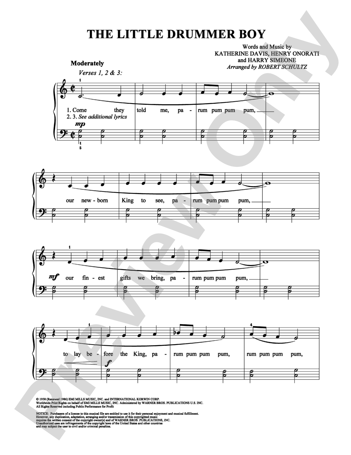 The Little Drummer Boy: Easy Piano Digital Sheet Music