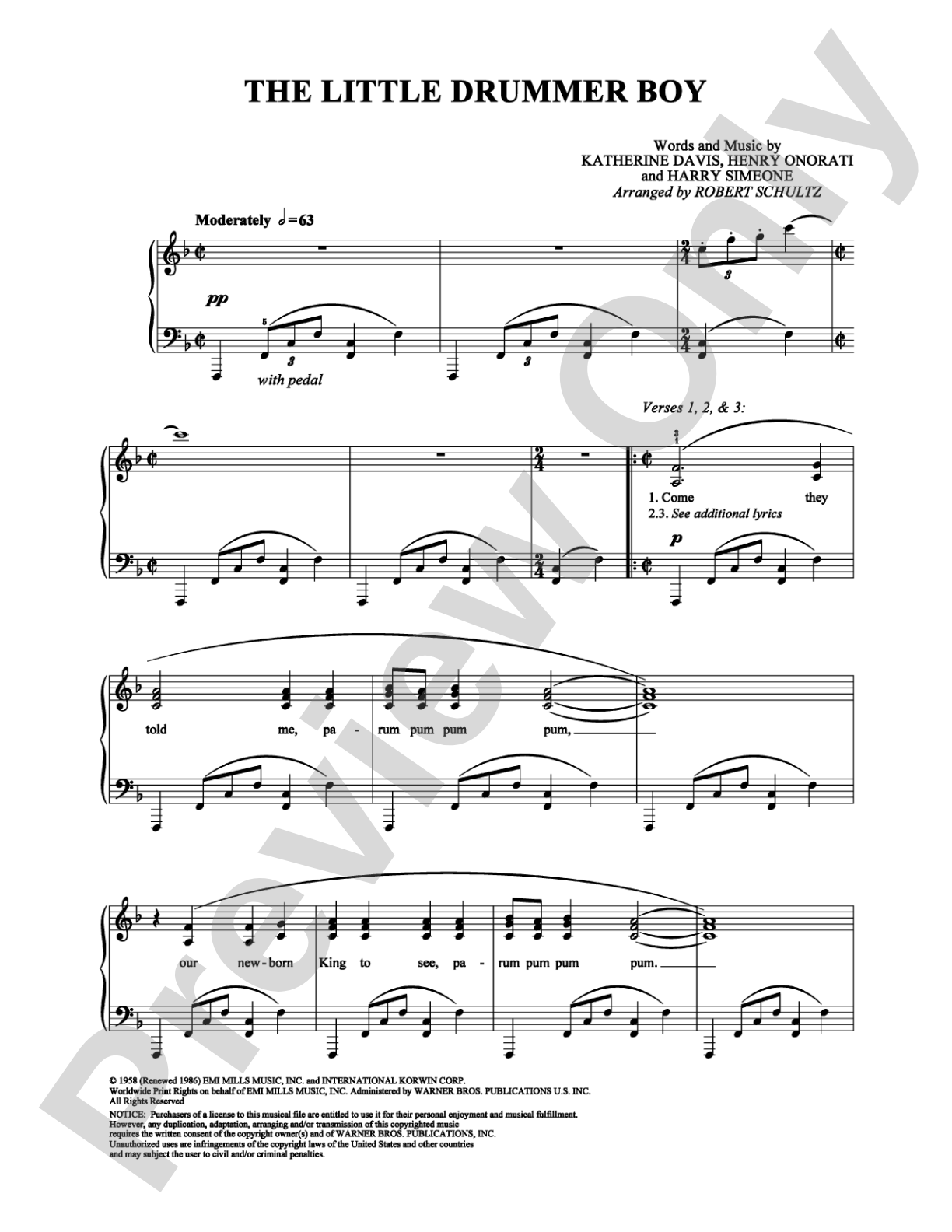 The Little Drummer Boy: Piano/Vocal/Chords Digital Sheet Music