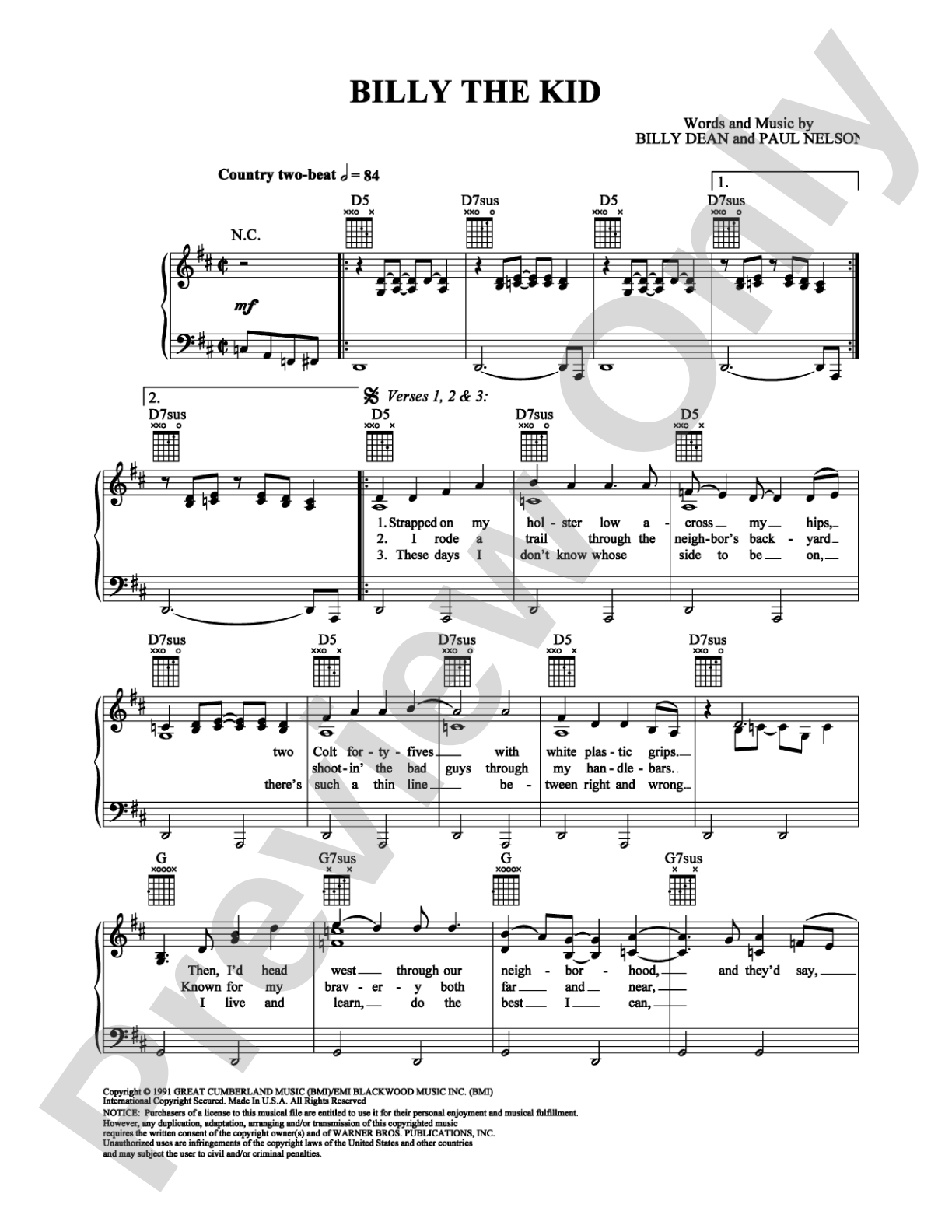 Billy the Kid: Piano/Vocal/Chords Digital Sheet Music
