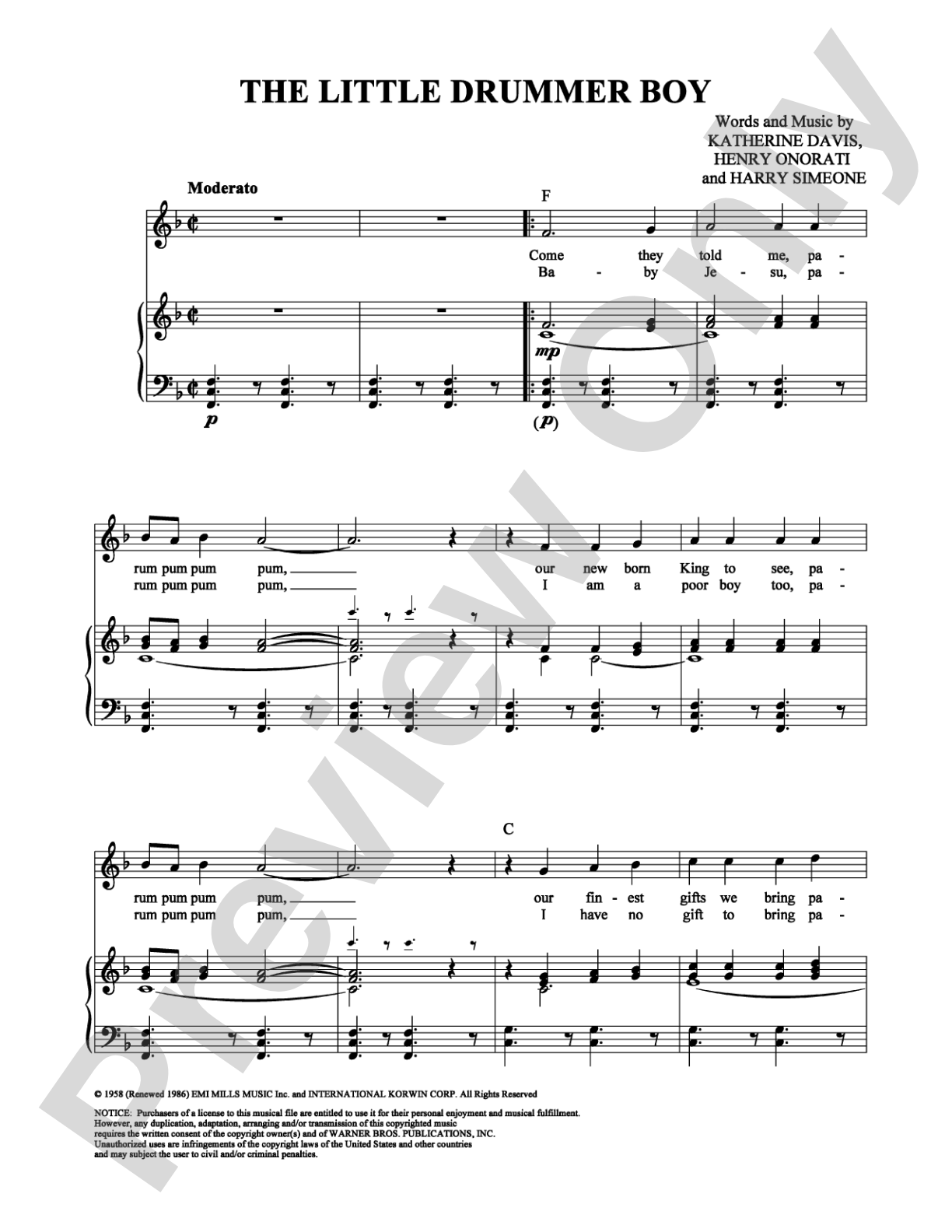 The Little Drummer Boy: Piano/Vocal/Chords Digital Sheet Music