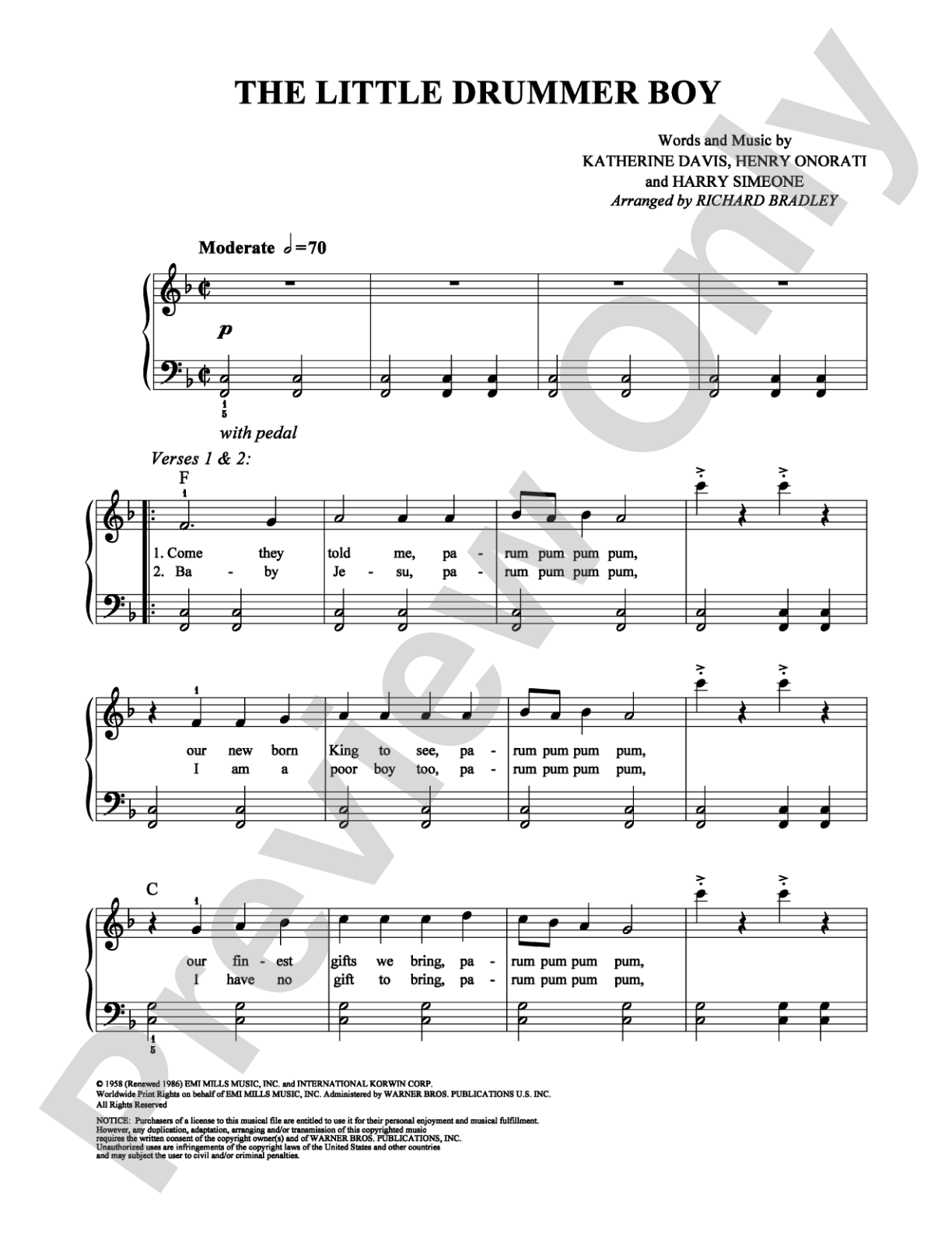 The Little Drummer Boy: Easy Piano Digital Sheet Music