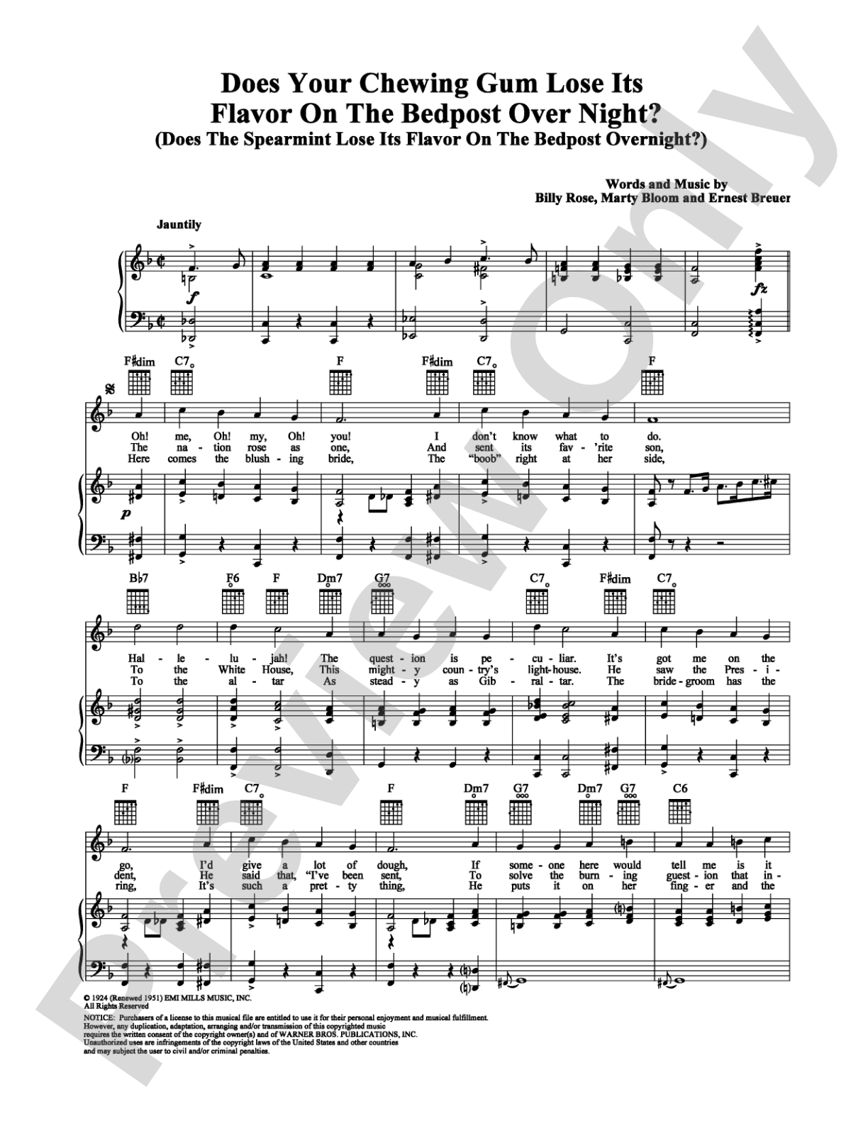 Does Your Chewing Gum Lose Its Flavor On The Bedpost Over Night?: Piano/Vocal/Chords Digital Sheet Music