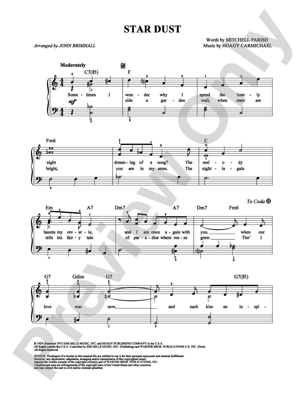 Star Dust: Easy Piano Digital Sheet Music