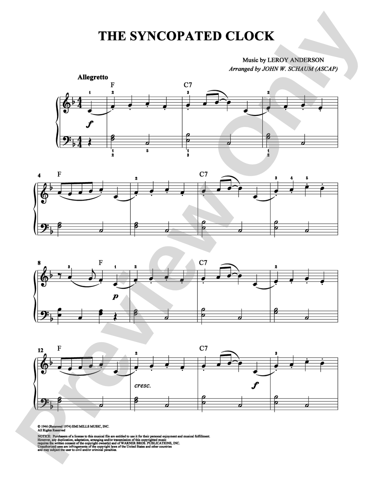 The Syncopated Clock: Easy Piano Digital Sheet Music