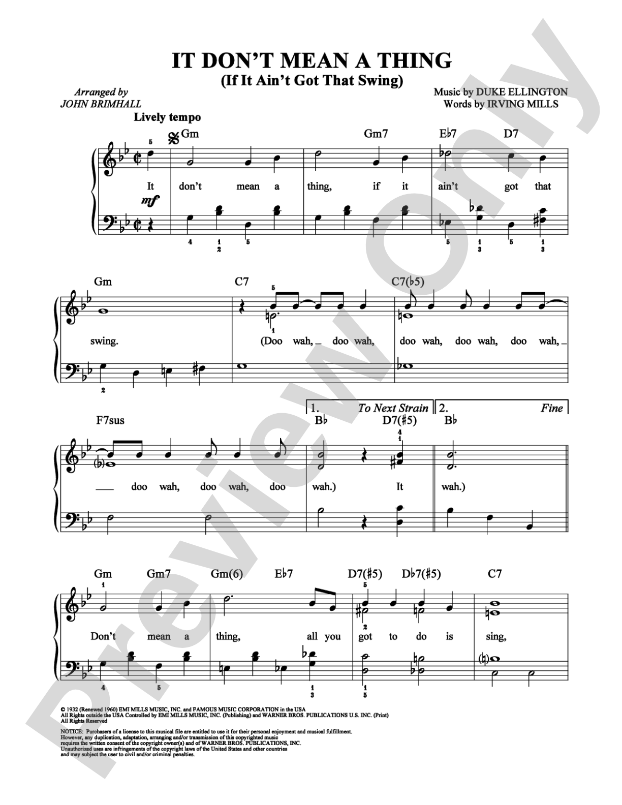 It Don't Mean a Thing (If It Ain't Got That Swing): Easy Piano Digital Sheet Music