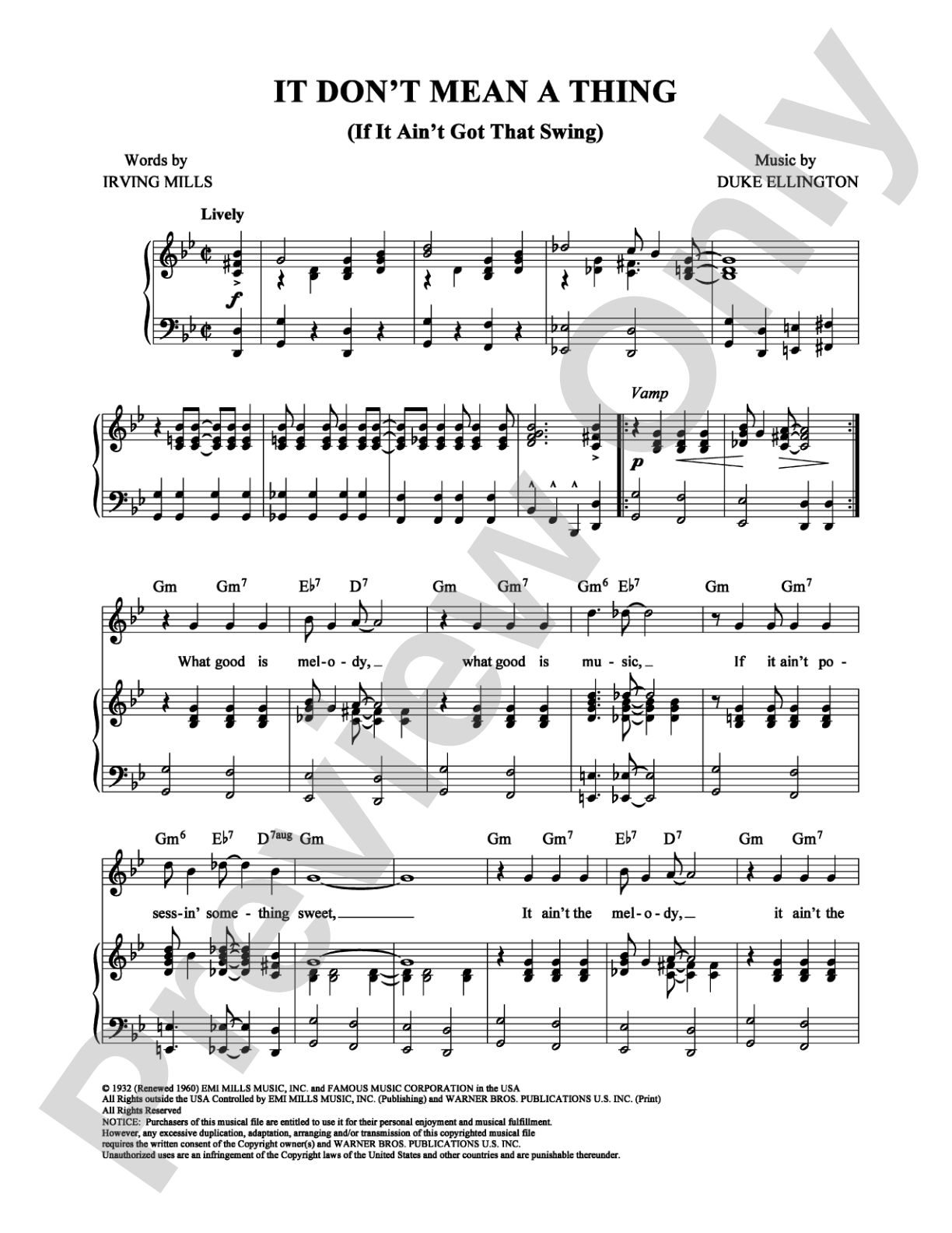 It Don't Mean a Thing (If It Ain't Got That Swing): Piano/Vocal/Chords Digital Sheet Music