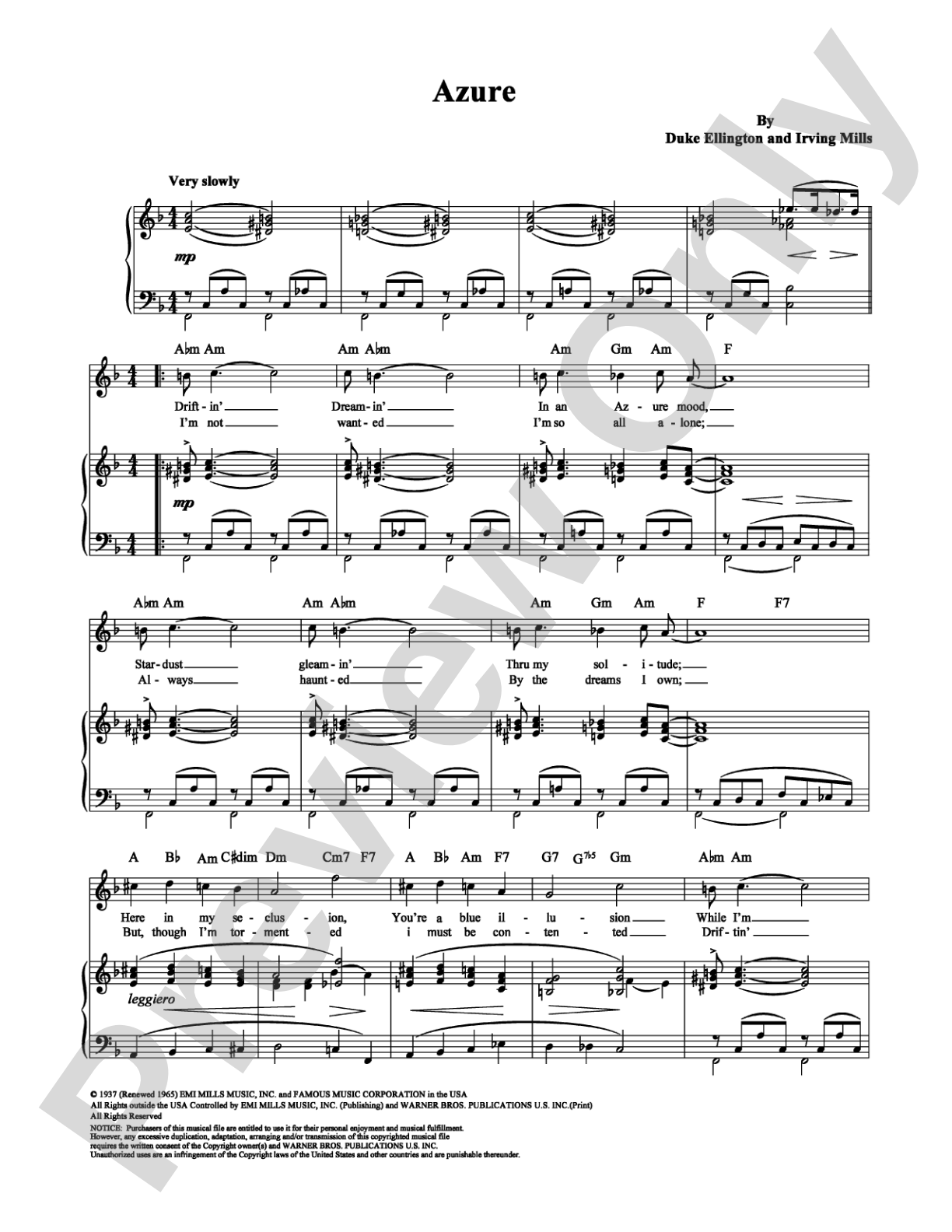 Azure: Piano/Vocal/Chords Digital Sheet Music