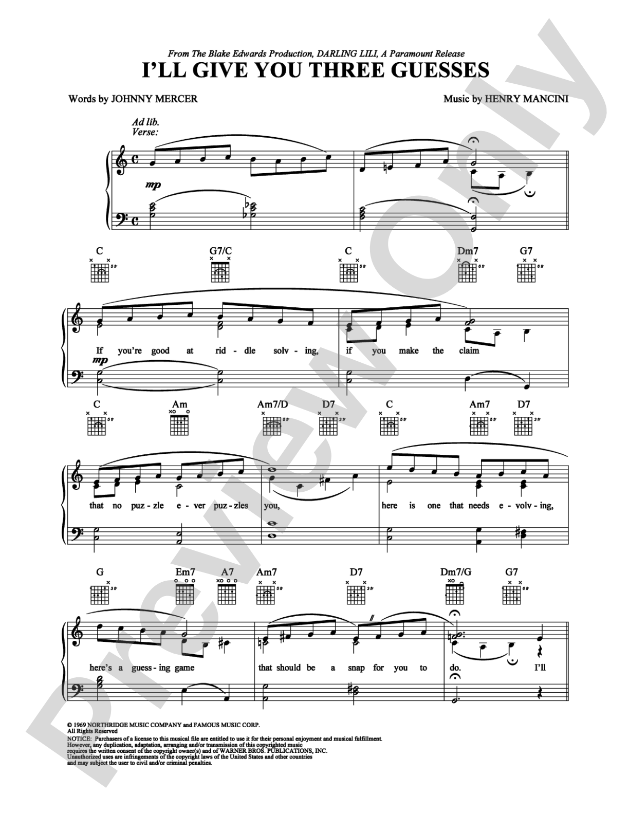 I'll Give You Three Guesses: Piano/Vocal/Chords Digital Sheet Music