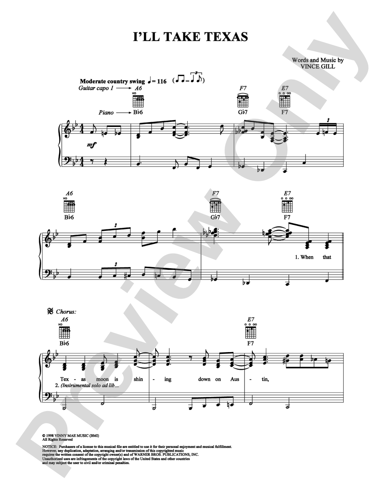 I'll Take Texas: Piano/Vocal/Chords Digital Sheet Music