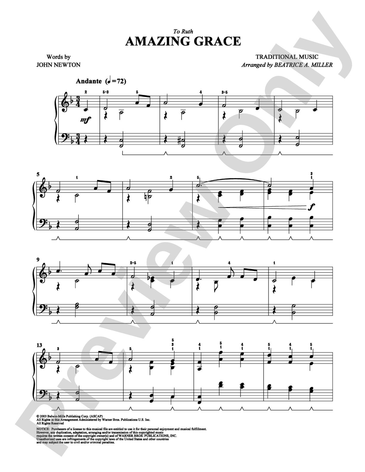 Amazing Grace: Easy Piano Digital Sheet Music