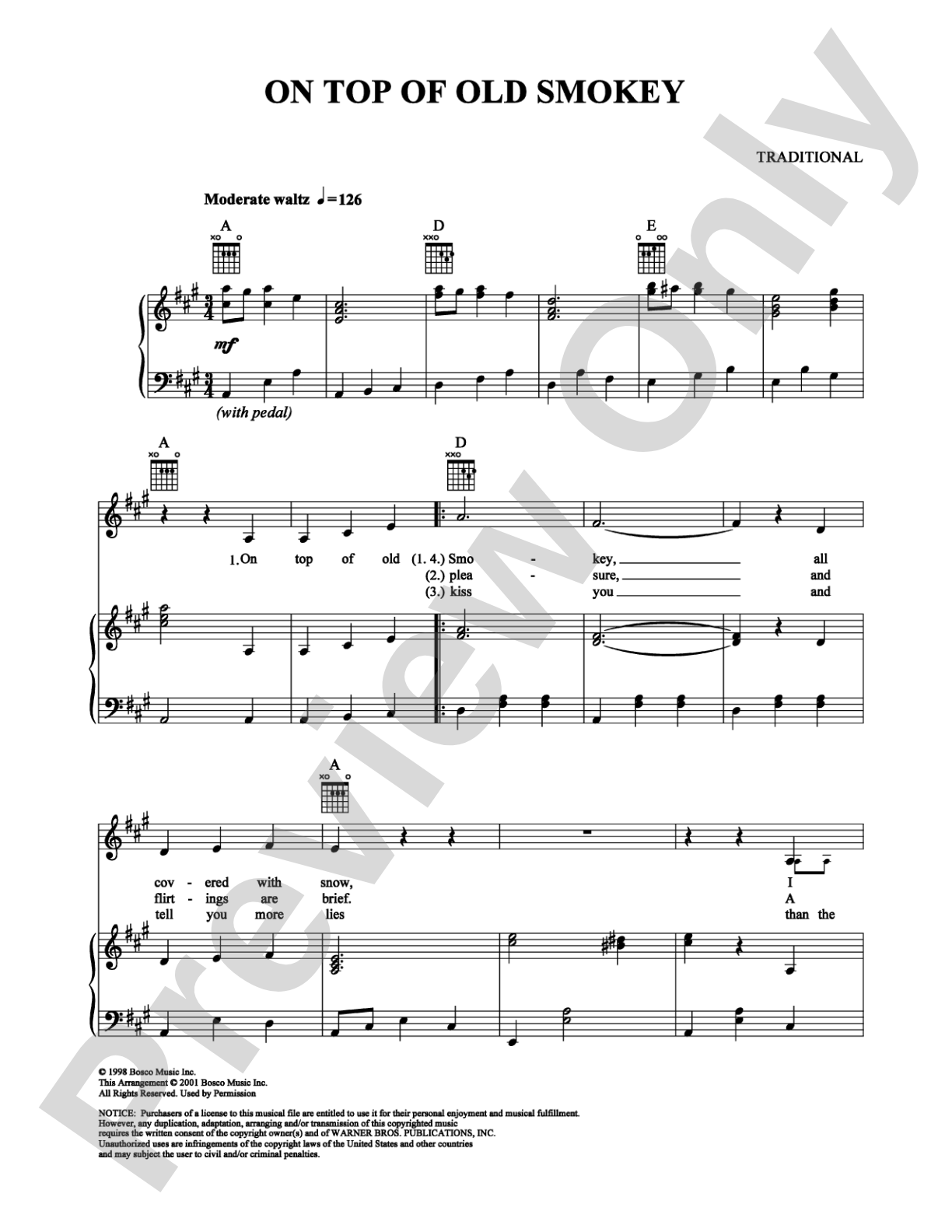 On Top of Old Smokey: Piano/Vocal/Chords Digital Sheet Music