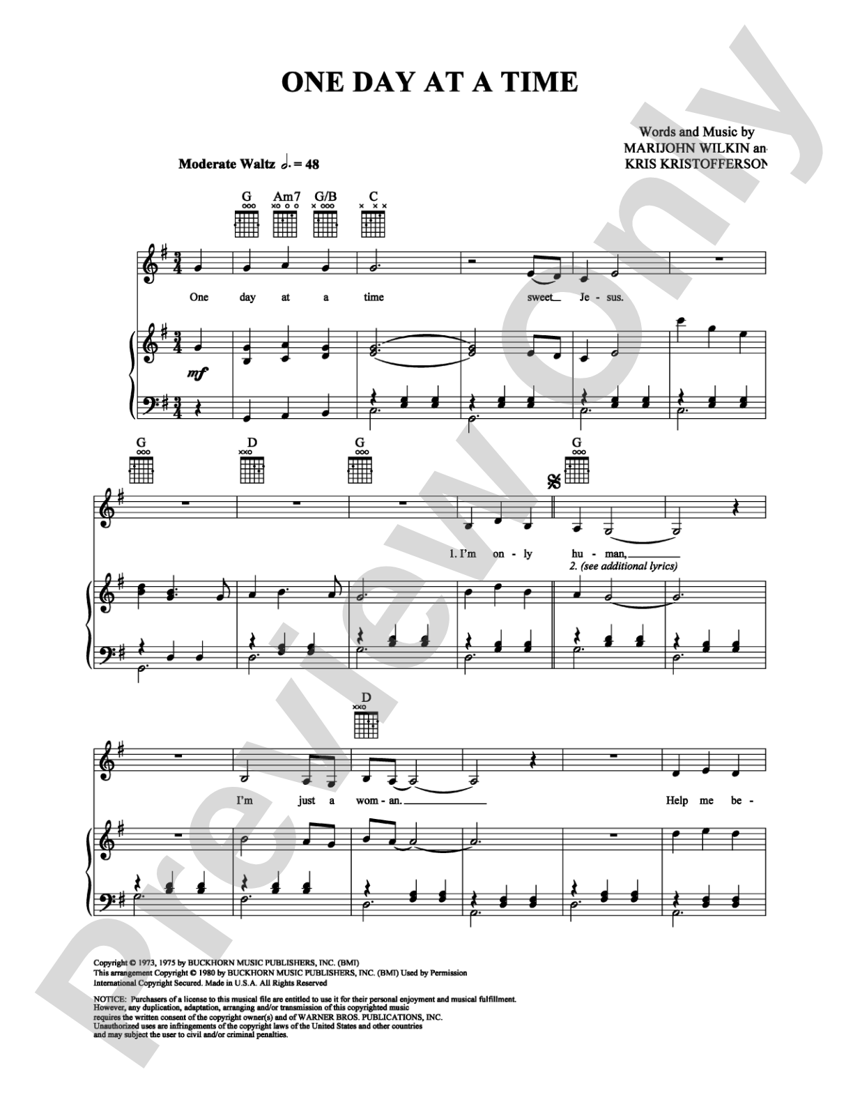 One Day at a Time: Piano/Vocal/Chords Digital Sheet Music