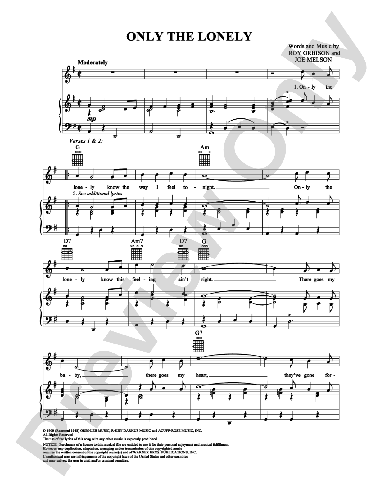 Only the Lonely: Piano/Vocal/Chords Digital Sheet Music