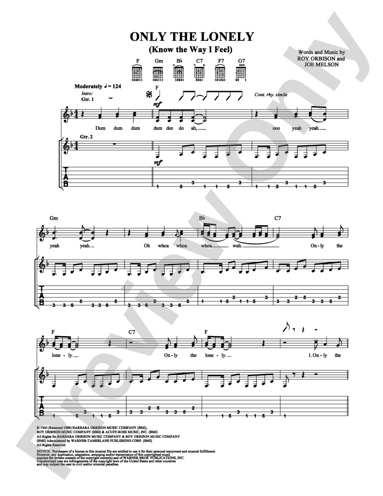 Only the Lonely: Guitar TAB Digital Sheet Music