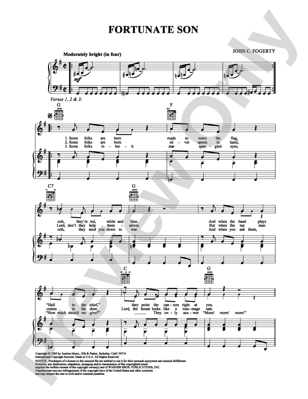 Fortunate Son: Piano/Vocal/Chords Digital Sheet Music