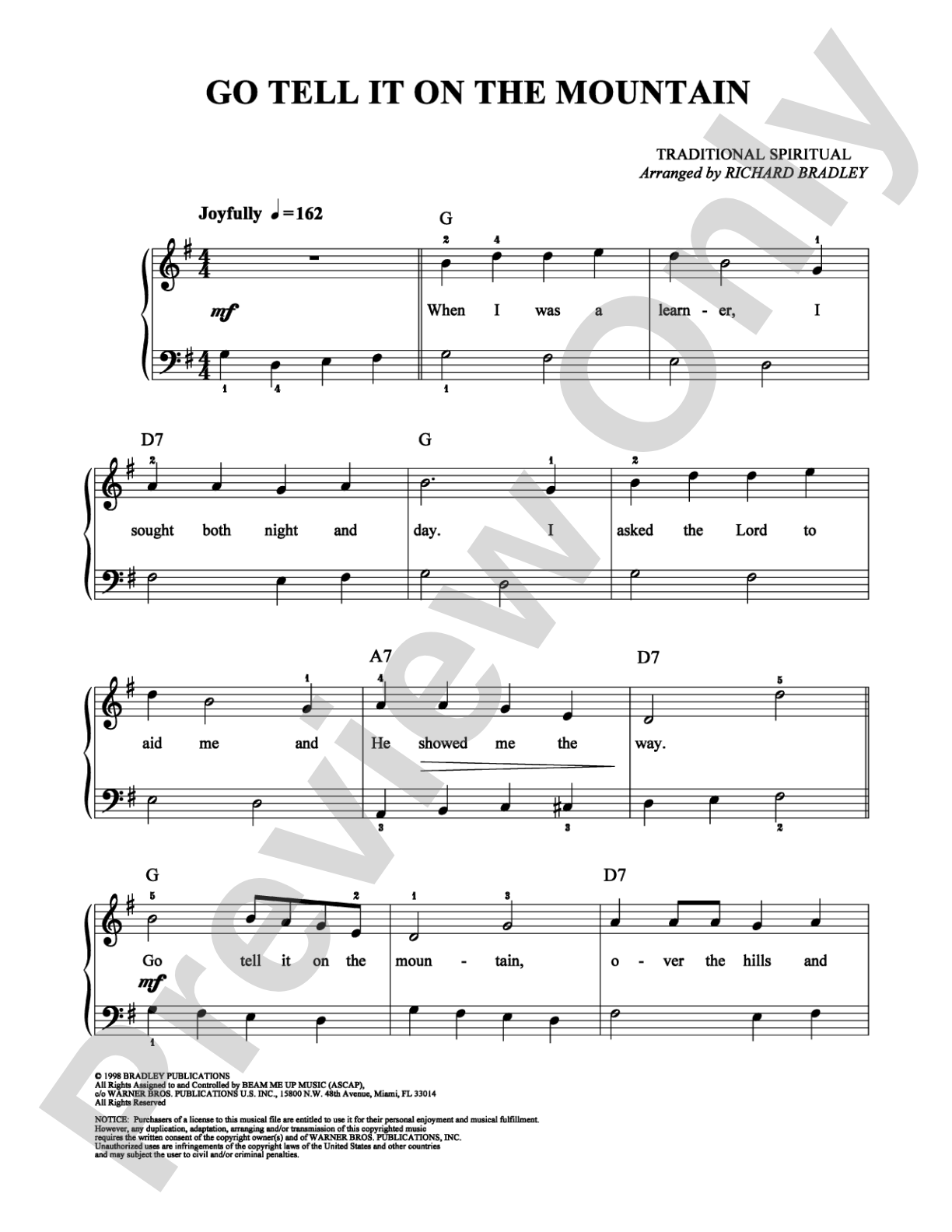 Go Tell It on the Mountain: Easy Piano Digital Sheet Music