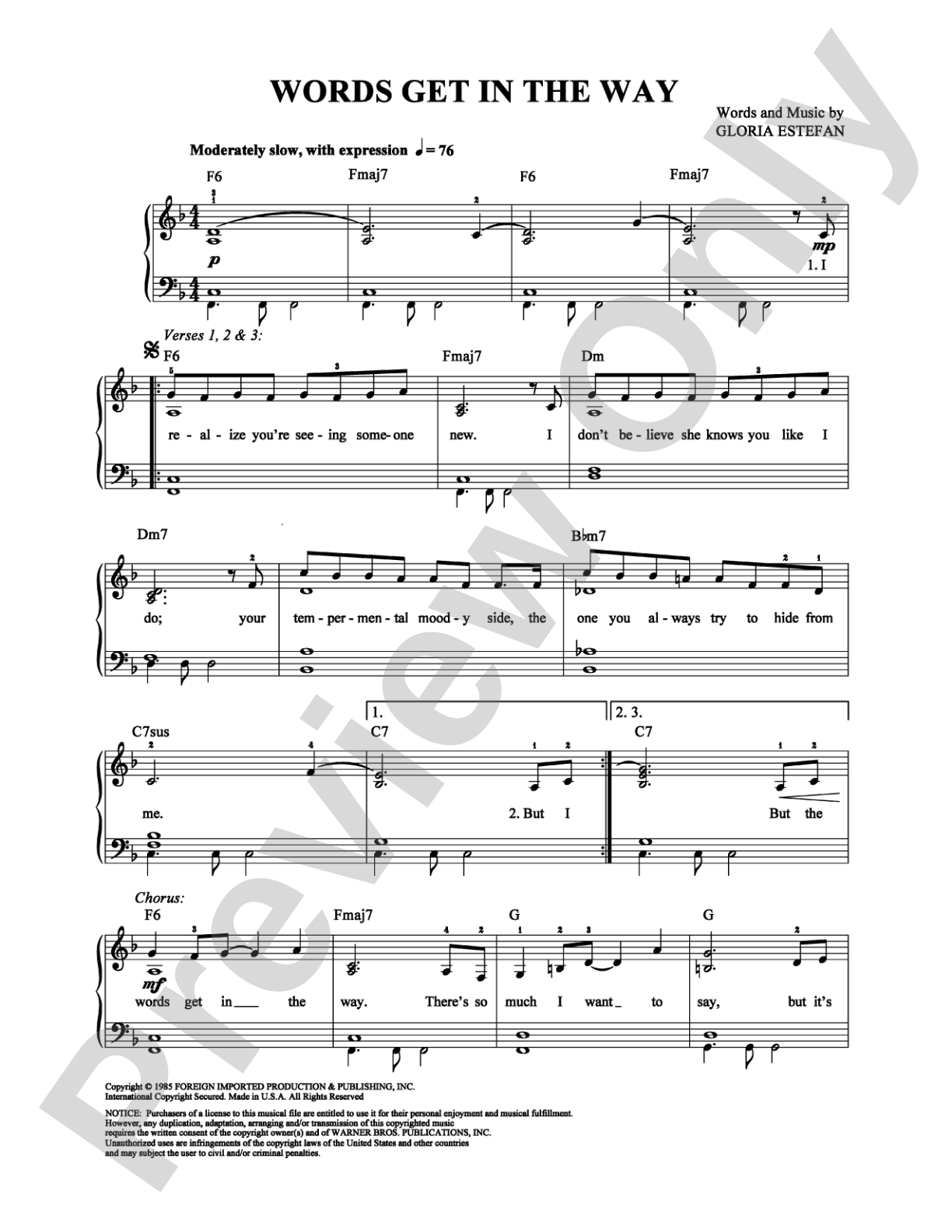 Words Get in the Way: Easy Piano Digital Sheet Music