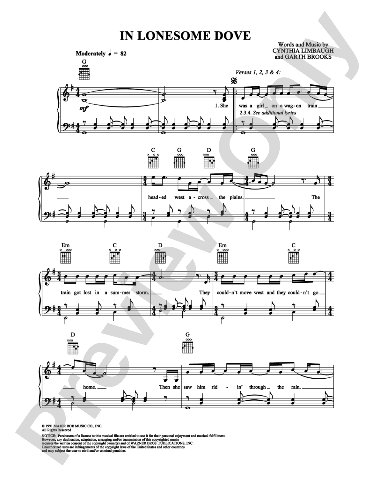 In Lonesome Dove: Piano/Vocal/Chords Digital Sheet Music