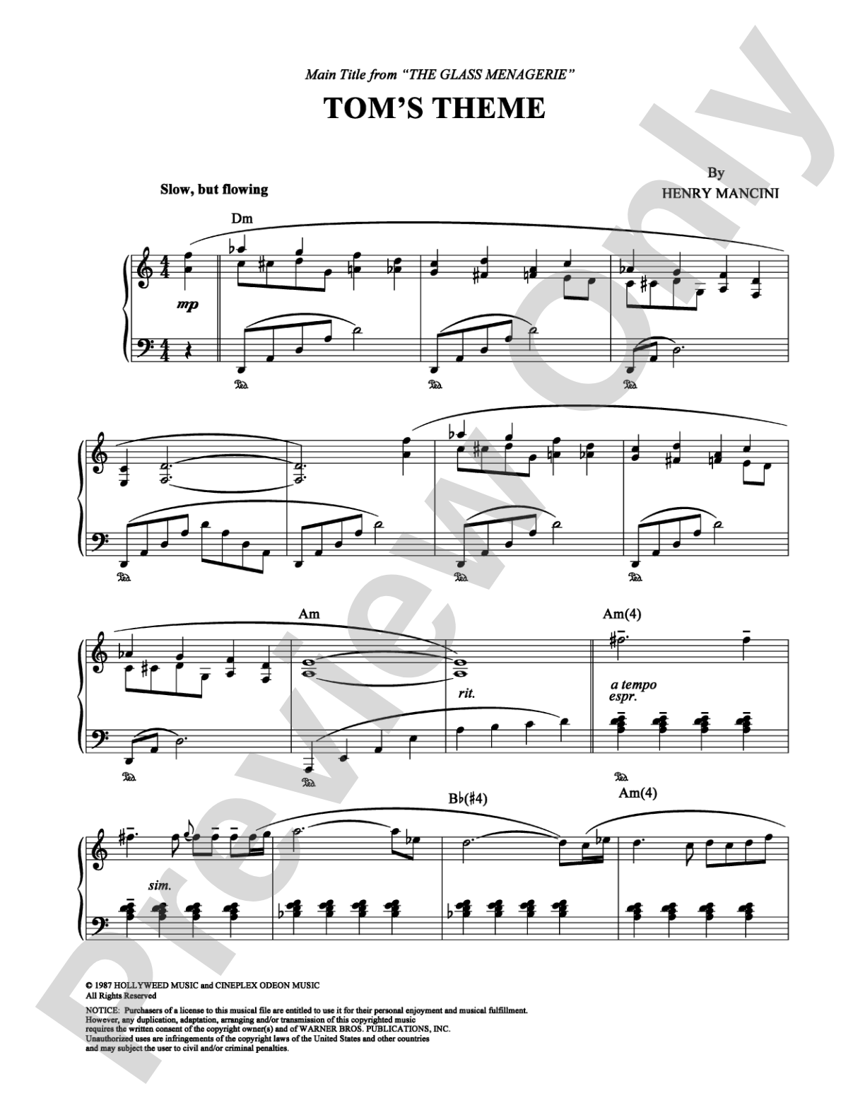 Tom's Theme: Piano Digital Sheet Music
