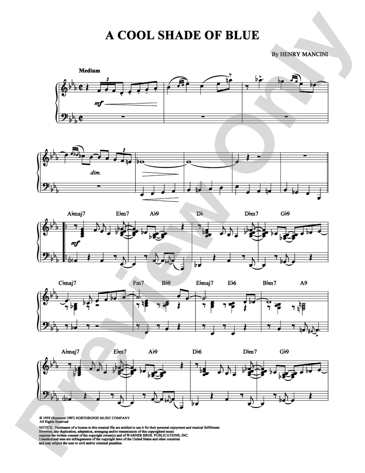 A Cool Shade of Blue: Piano Digital Sheet Music