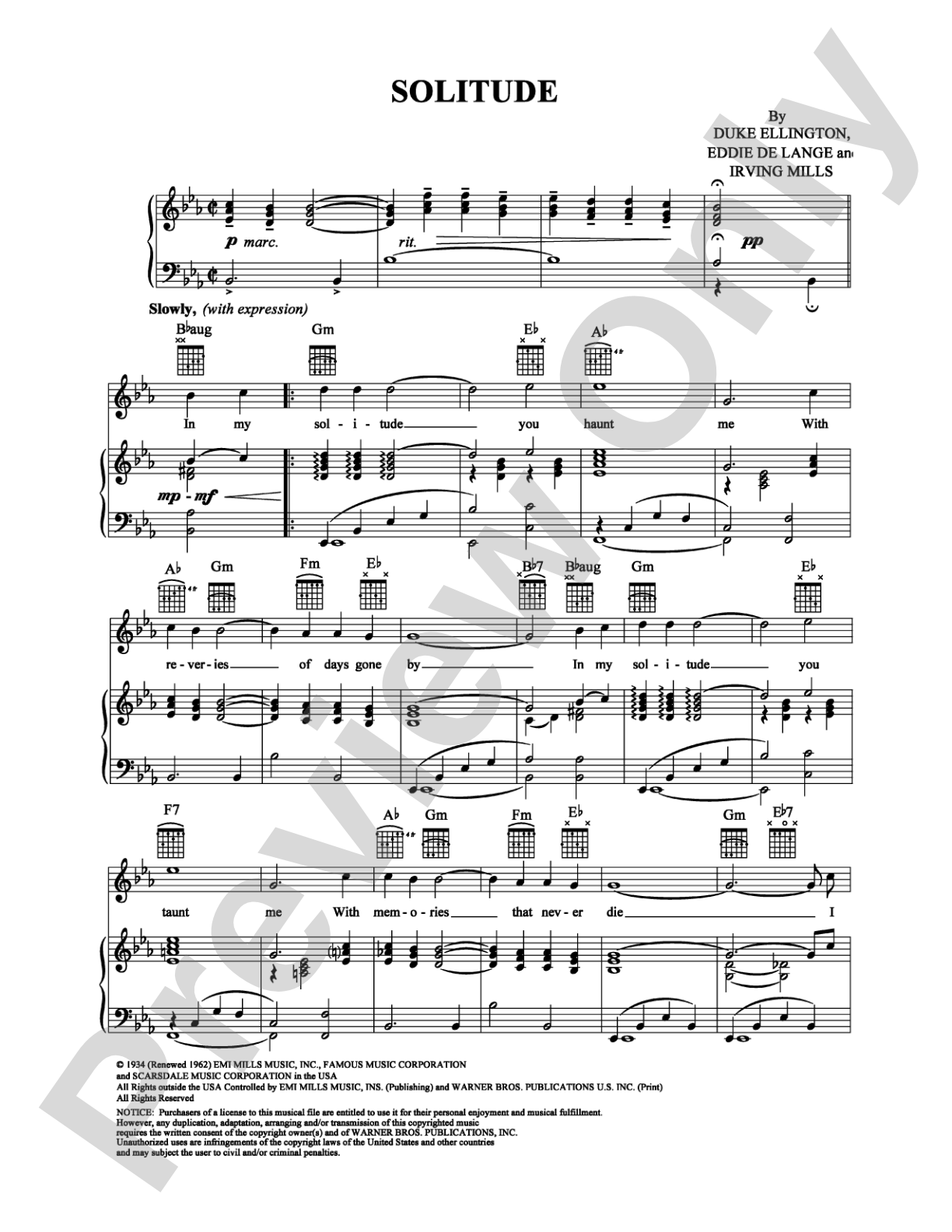 Solitude: Piano/Vocal/Chords Digital Sheet Music