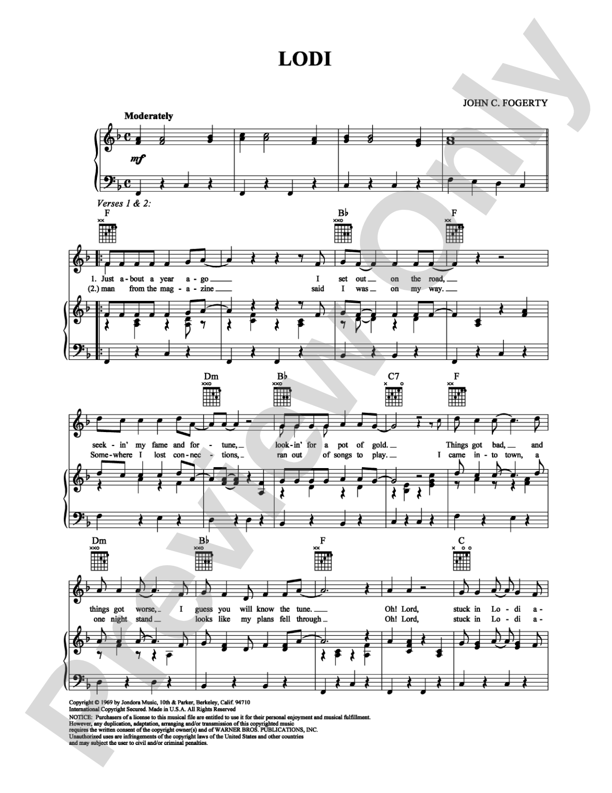 Lodi: Piano/Vocal/Chords Digital Sheet Music