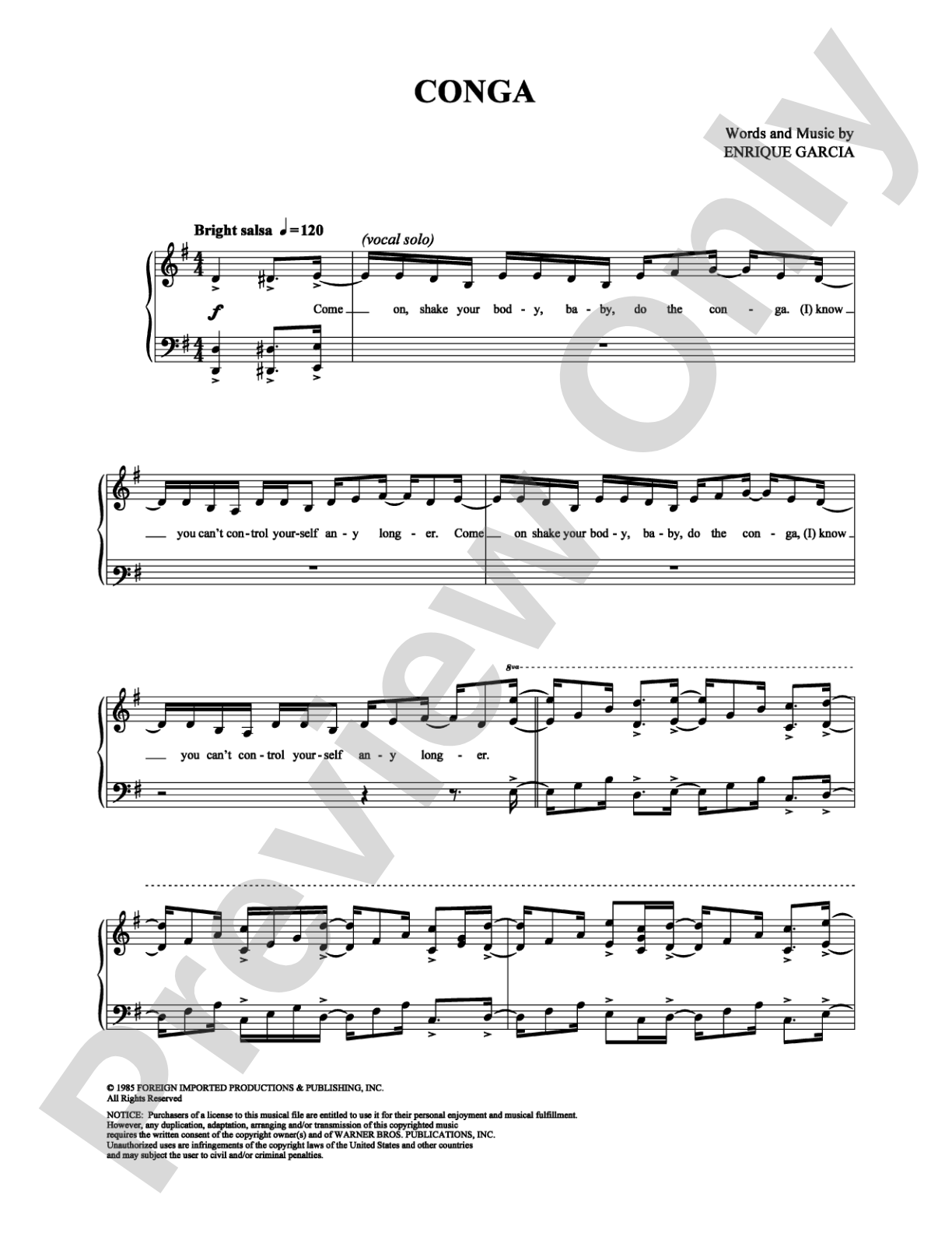 Conga: Piano/Vocal/Chords Digital Sheet Music