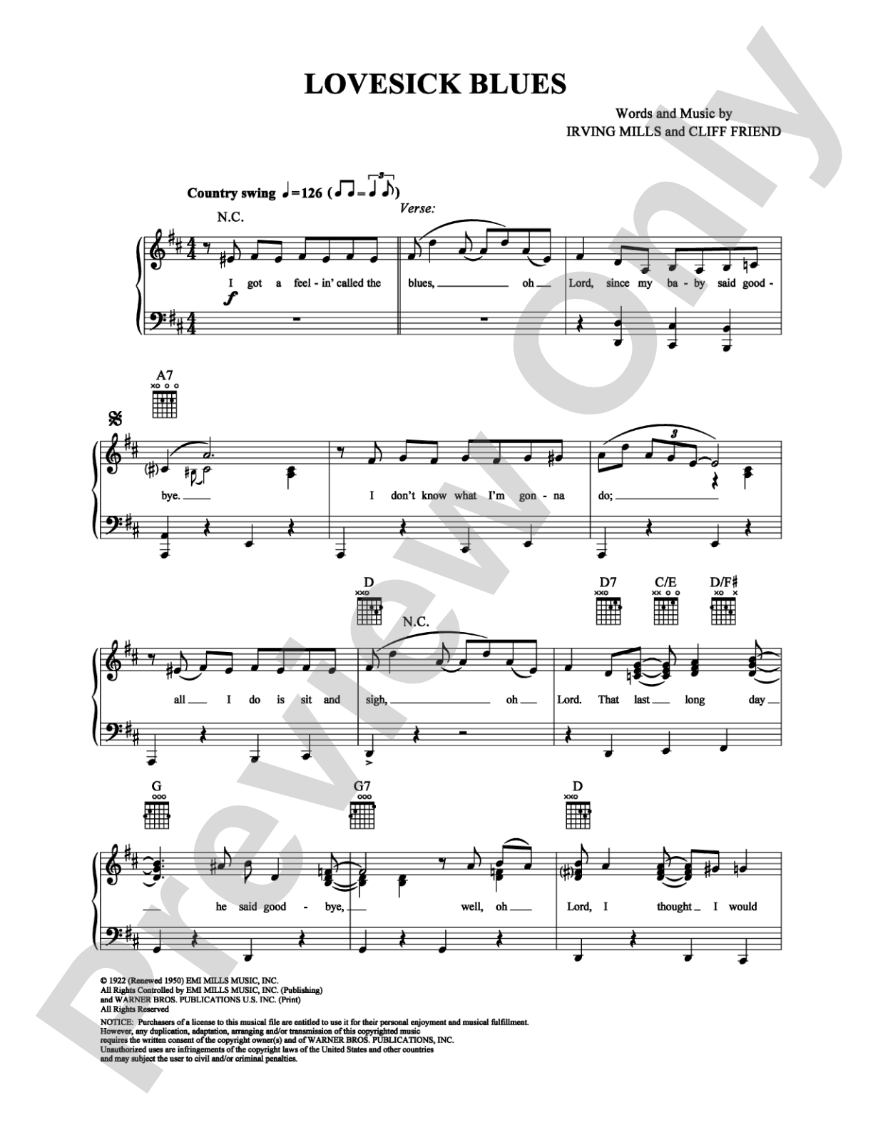 Lovesick Blues: Piano/Vocal/Chords Digital Sheet Music