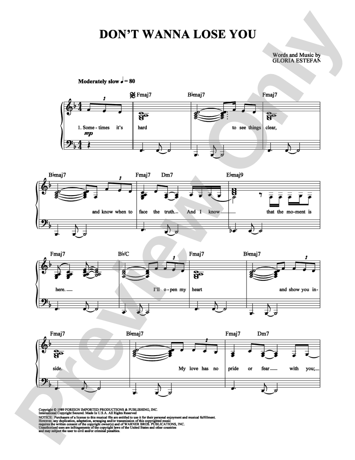 Don't Wanna Lose You: Piano/Vocal/Chords Digital Sheet Music