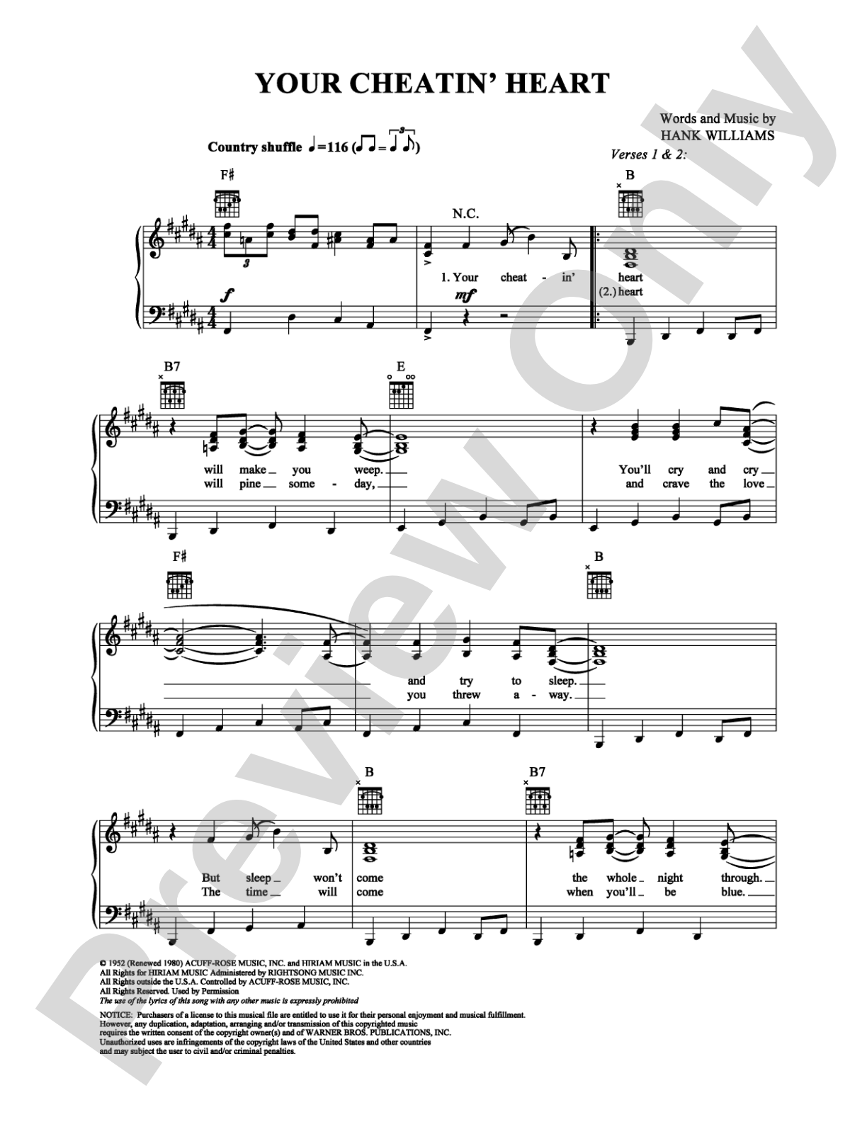 Your Cheatin' Heart: Piano/Vocal/Chords Digital Sheet Music