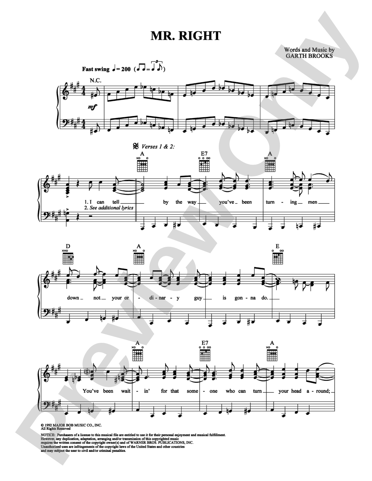 Mr. Right: Piano/Vocal/Chords Digital Sheet Music