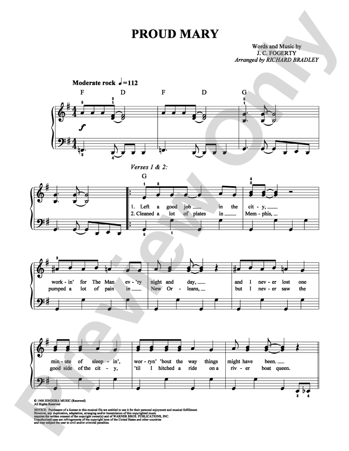 Proud Mary: Easy Piano Digital Sheet Music