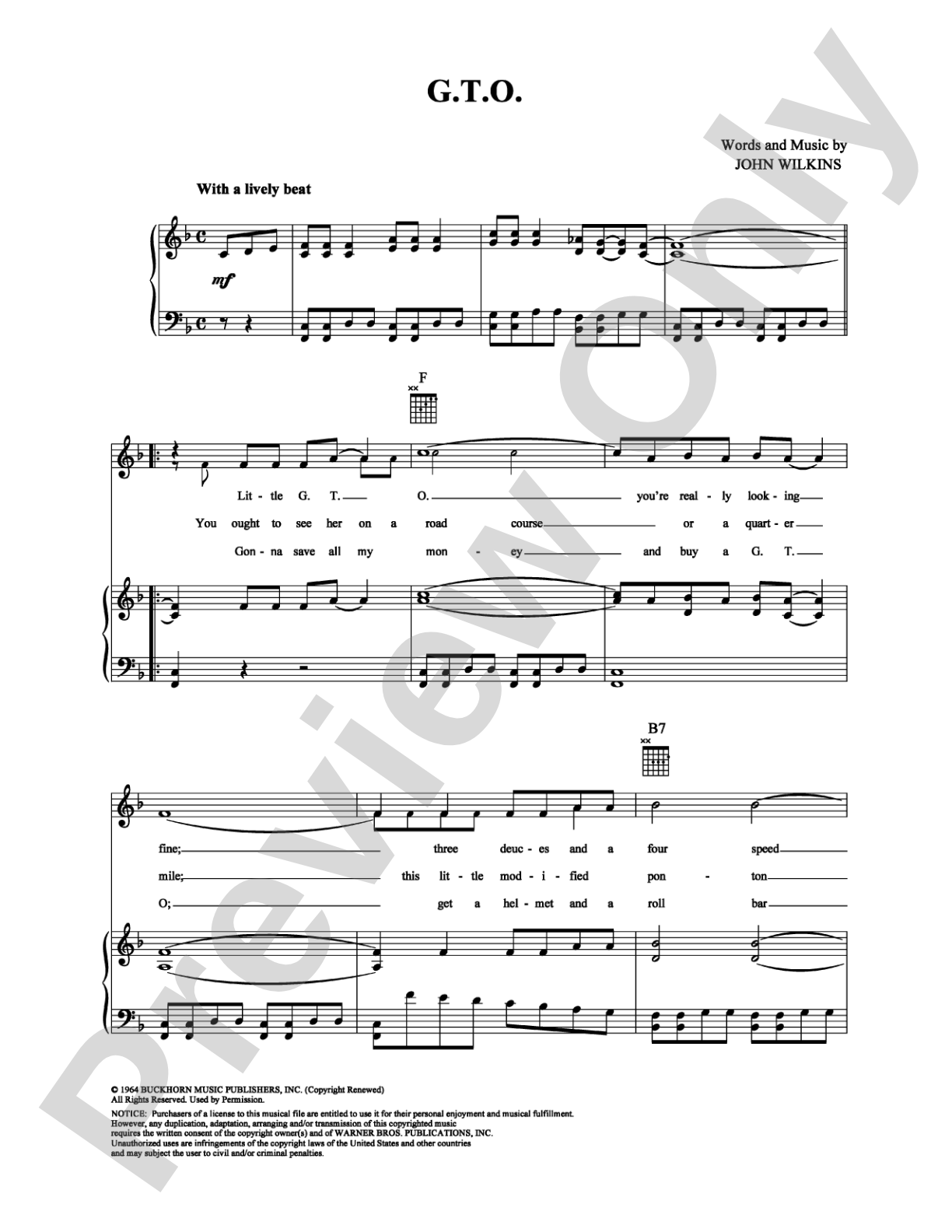 G.T.O.: Piano/Vocal/Chords Digital Sheet Music