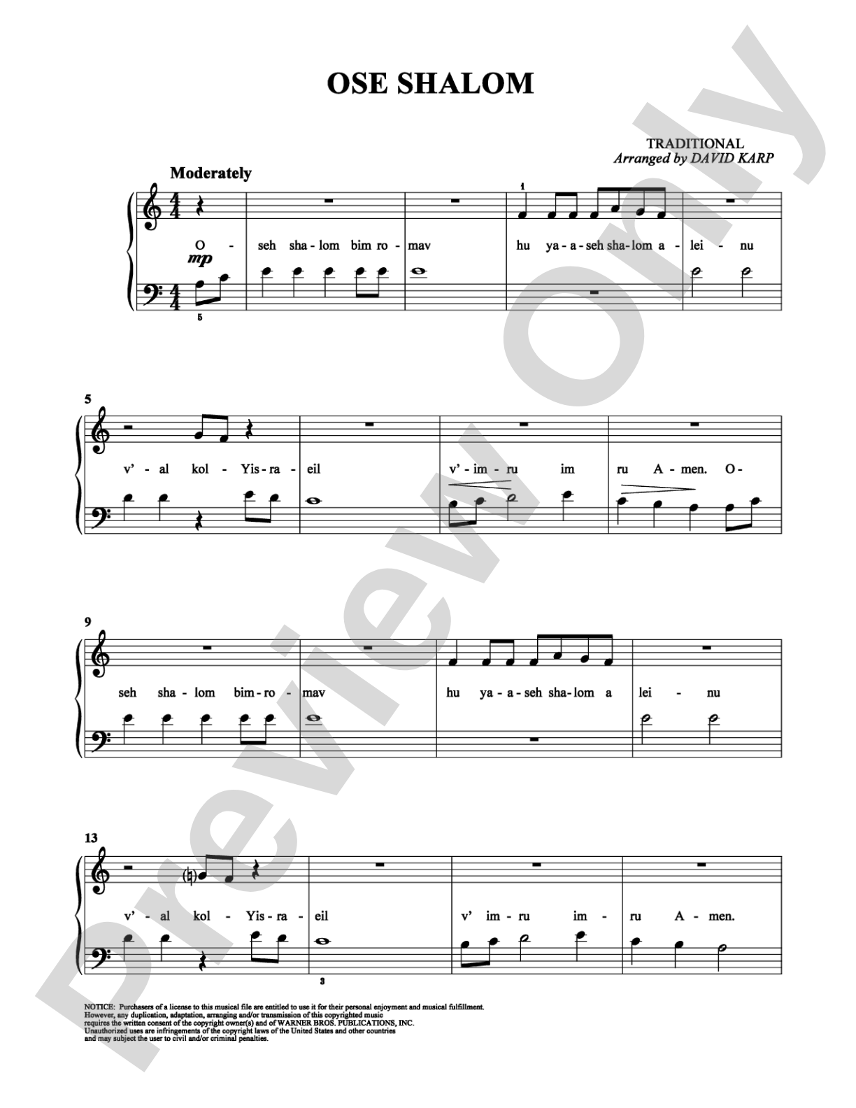 Ose Shalom: Easy Piano Digital Sheet Music