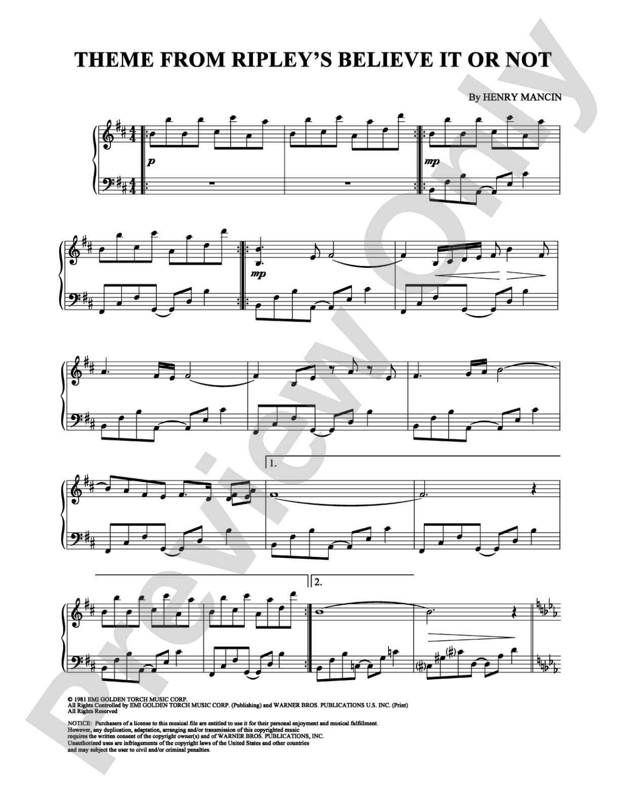Theme From Ripley's Believe it Or Not: Piano Digital Sheet Music