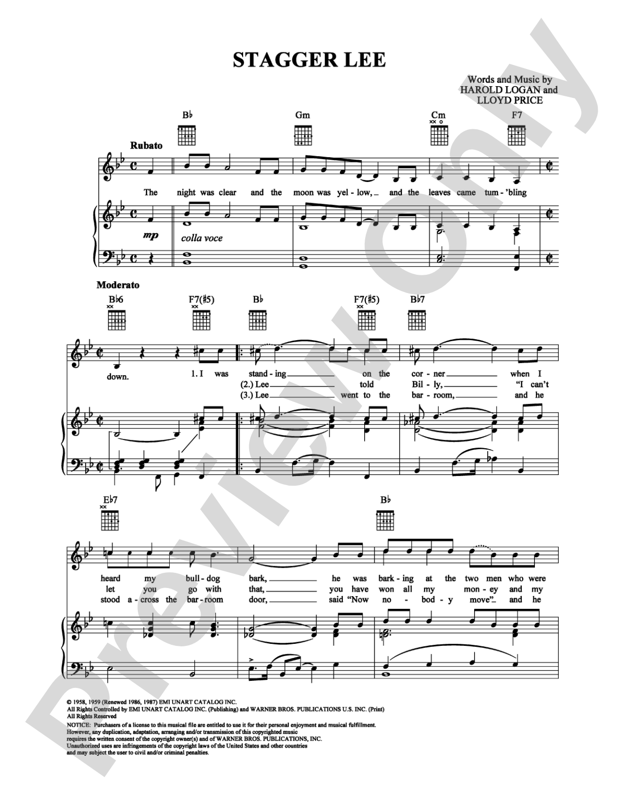 Stagger Lee: Piano/Vocal/Chords Digital Sheet Music