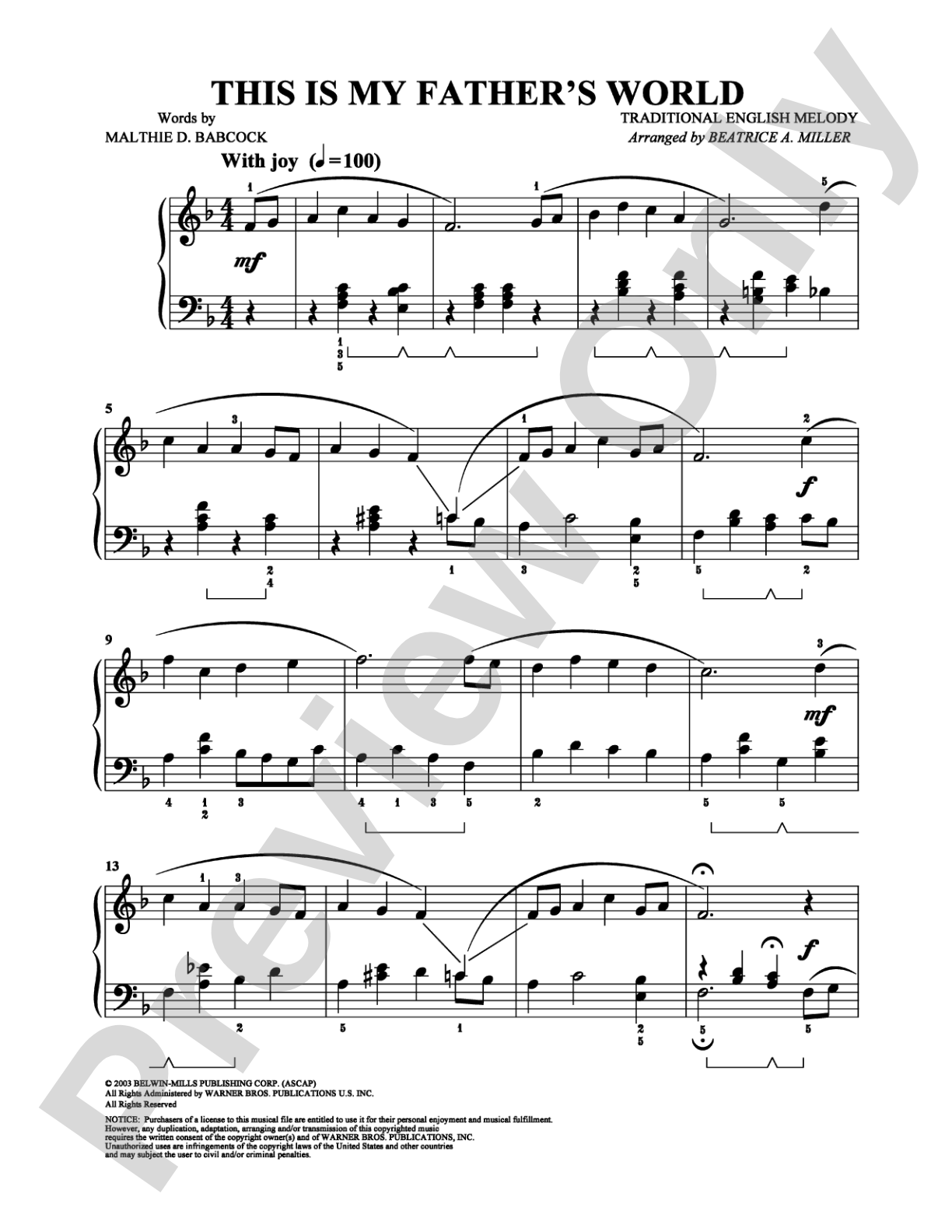 This Is My Father's World: Easy Piano Digital Sheet Music