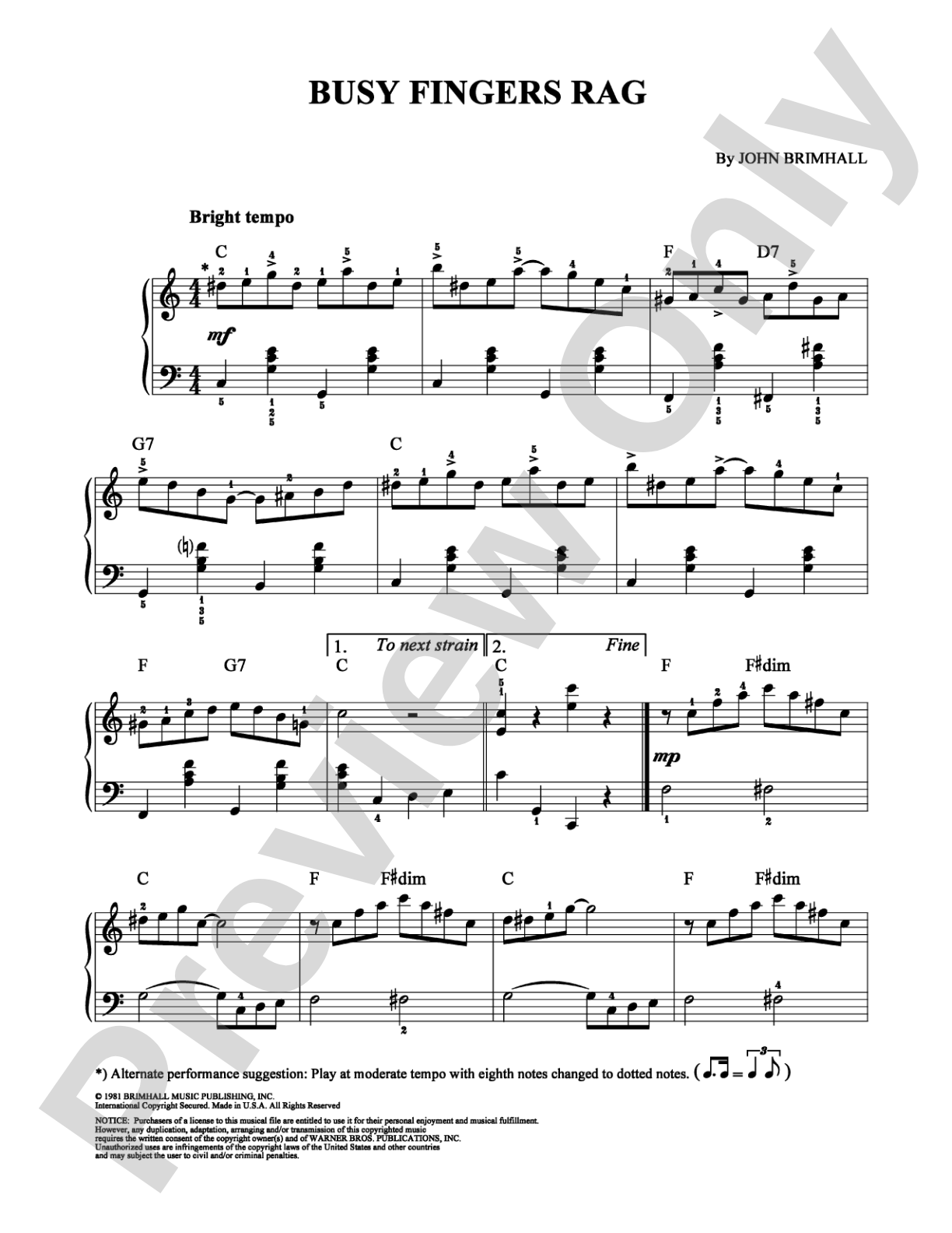 Busy Fingers Rag: Easy Piano Digital Sheet Music