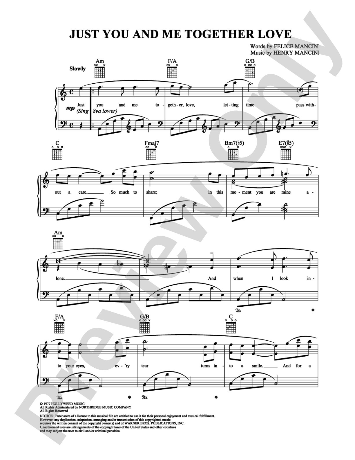 Just You and Me Together Love: Piano/Vocal/Chords Digital Sheet Music