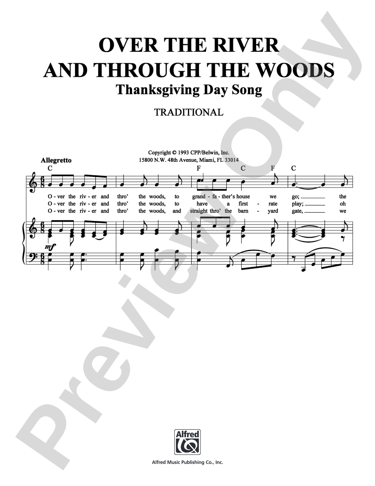 Over the River and Through the Woods: Piano/Vocal/Chords Digital Sheet Music