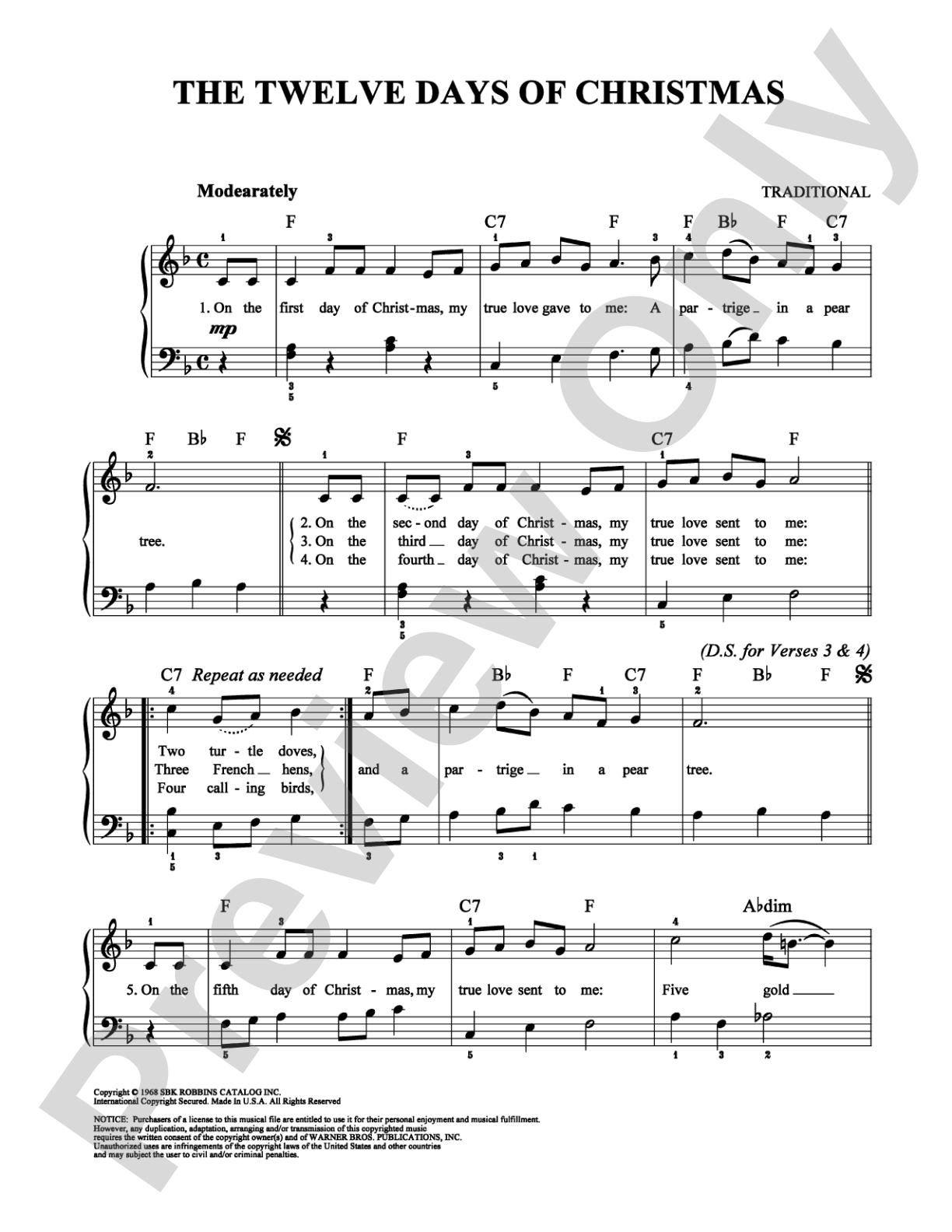 Twelve Days Of Christmas, The: Easy Piano Digital Sheet Music