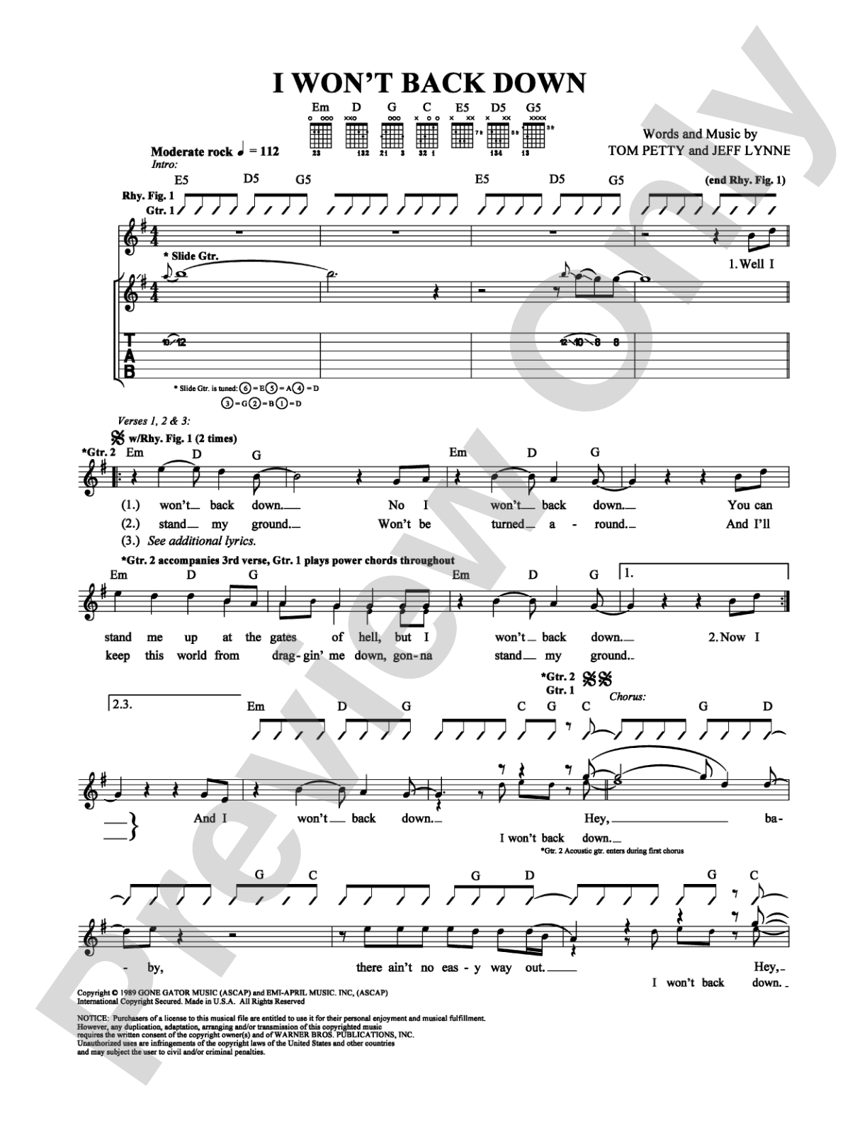 I Won't Back Down: Guitar TAB Digital Sheet Music