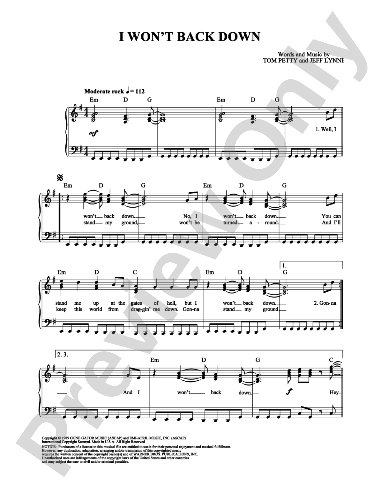 I Won't Back Down: Piano/Vocal/Chords Digital Sheet Music