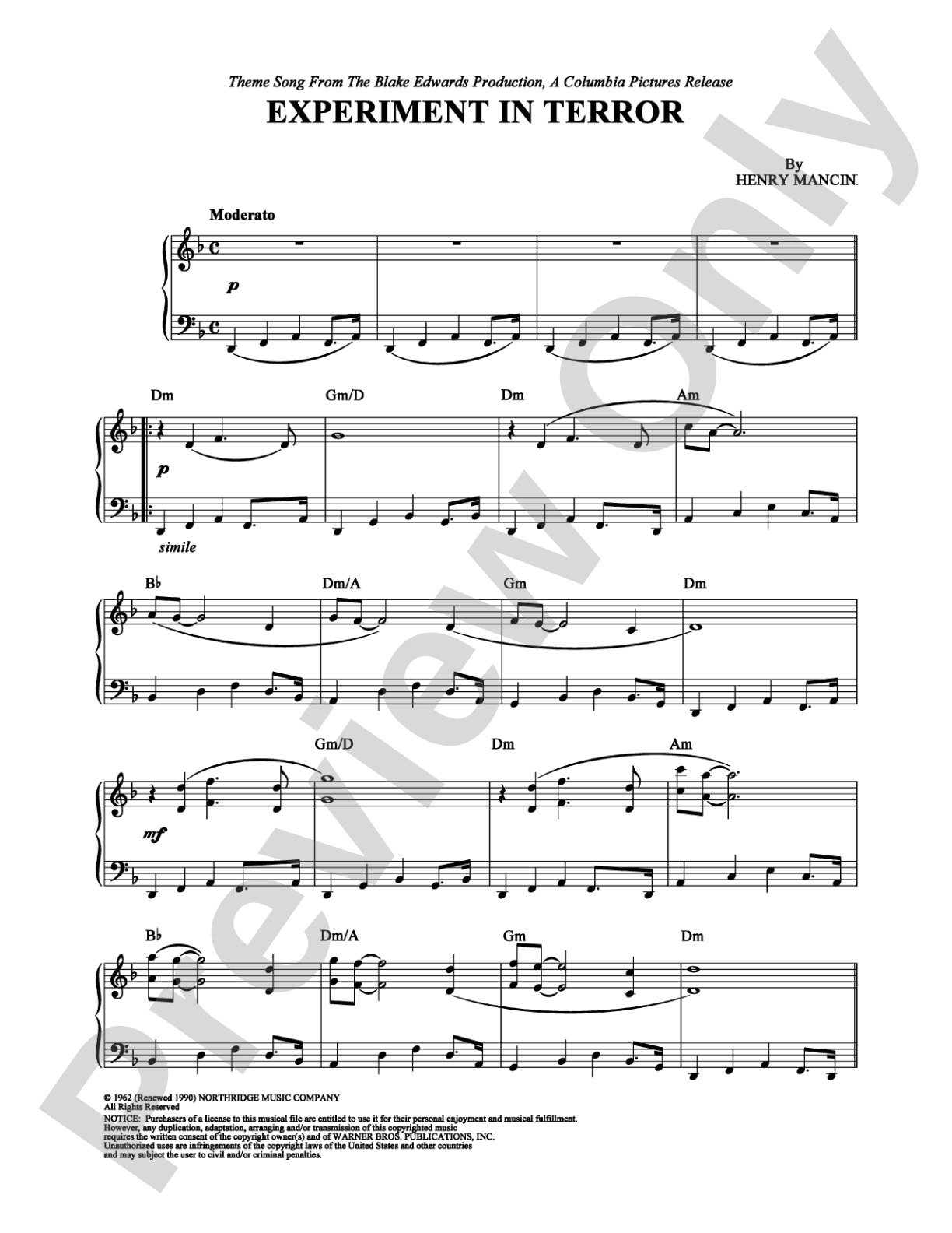 Experiment in Terror  (Main Theme): Piano Digital Sheet Music