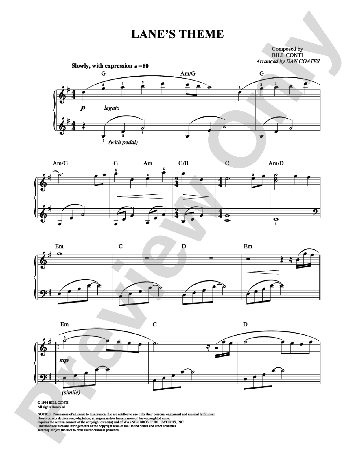 Lane's Theme: Easy Piano Digital Sheet Music