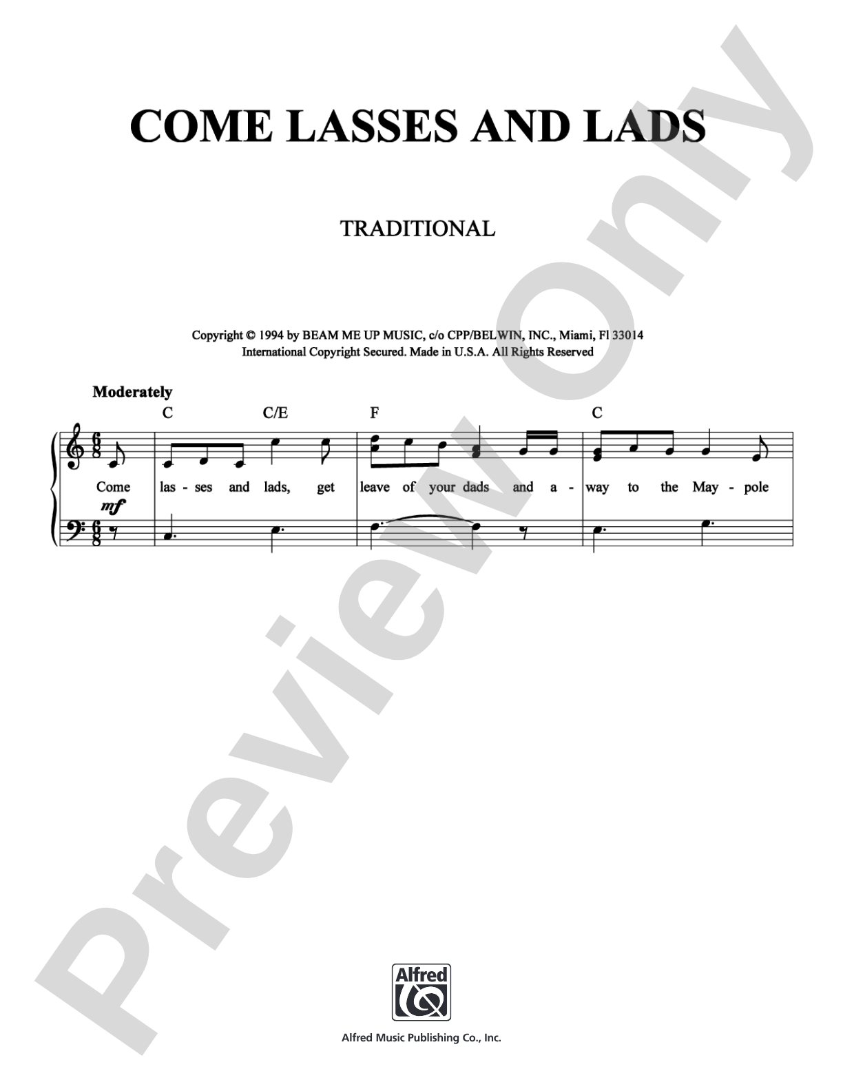 Come Lasses and Lads: Piano/Vocal/Chords Digital Sheet Music