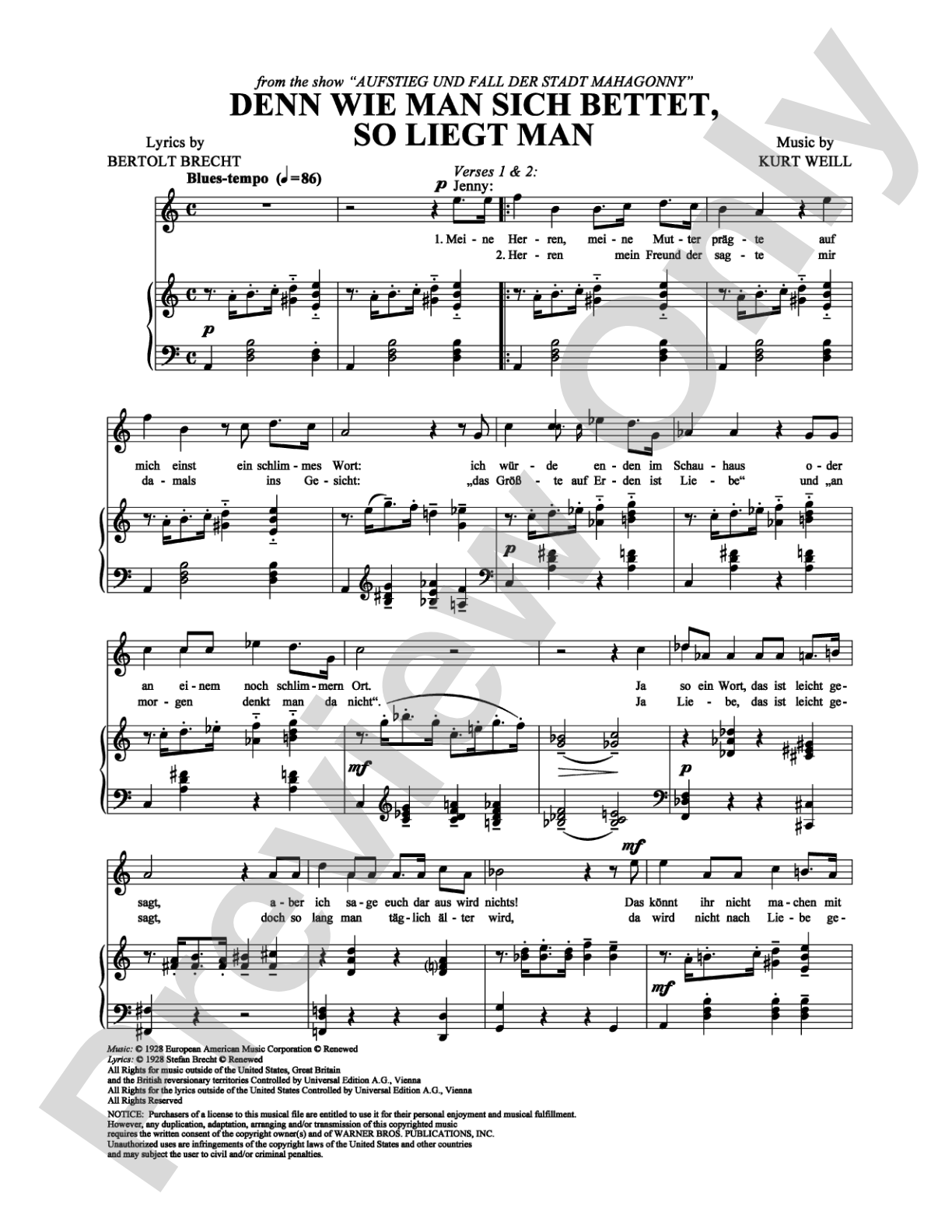 Denn wie man sich bettet, so liegt man: Piano/Vocal/Chords Digital Sheet Music