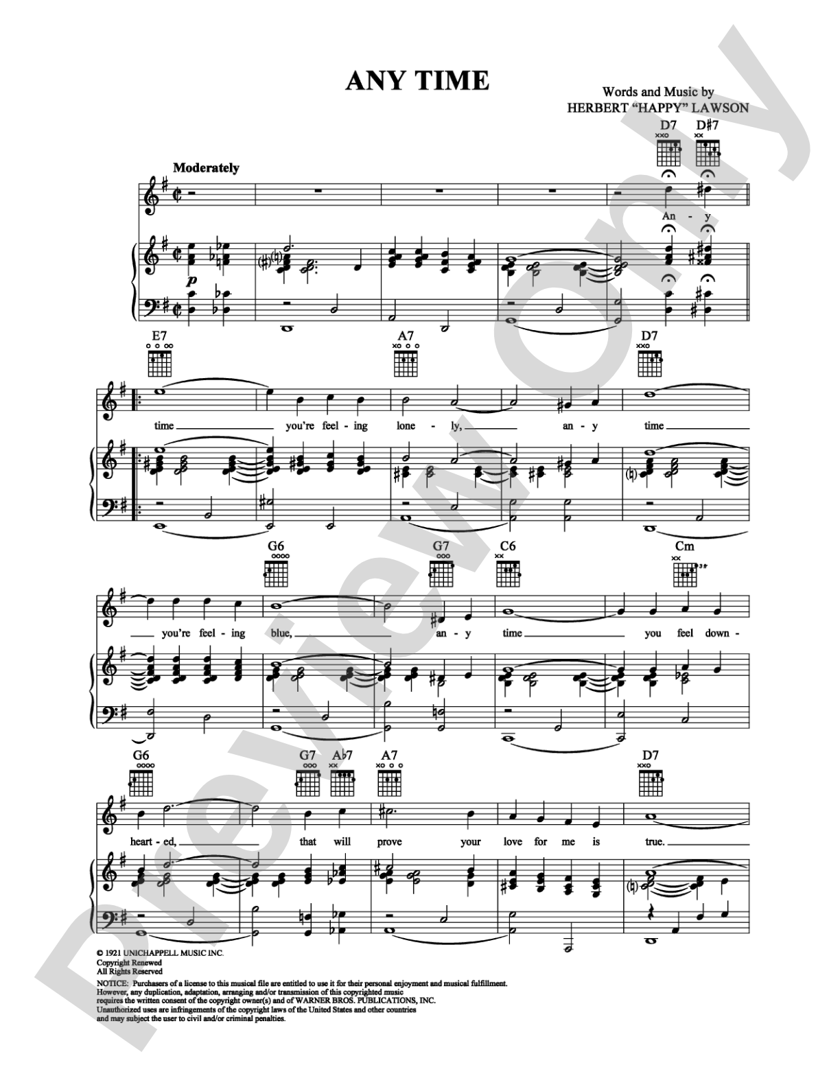 Any Time: Piano/Vocal/Chords Digital Sheet Music